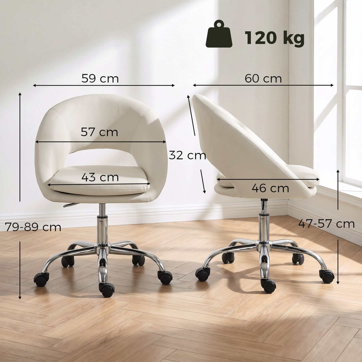 HOMCOM Velvet Desk Chair, Modern Office Chair with Height-Adjustable, Wheels, for Home Study Bedroom, Cream