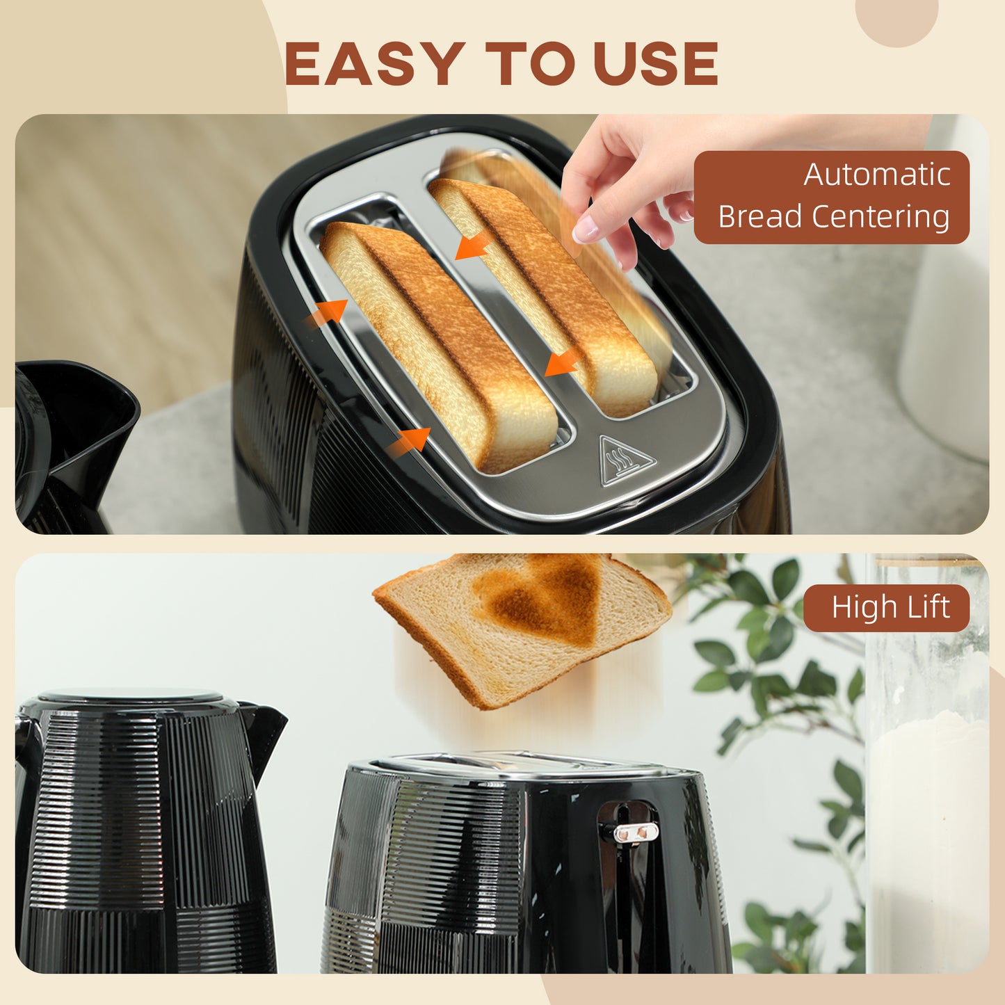 HOMCOM Kettle & Toaster Set, 1.7L 3000W Fast Boil, 2 Slice, 7 Browning Levels, Defrost, Reheat, Black
