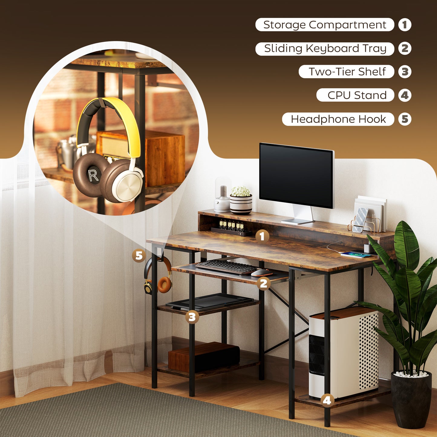 HOMCOM Reversible Computer Desk, LED Lights, Power Outlets, Monitor Stand, Keyboard Tray, Storage Shelves, 120x55 cm, Rustic Brown