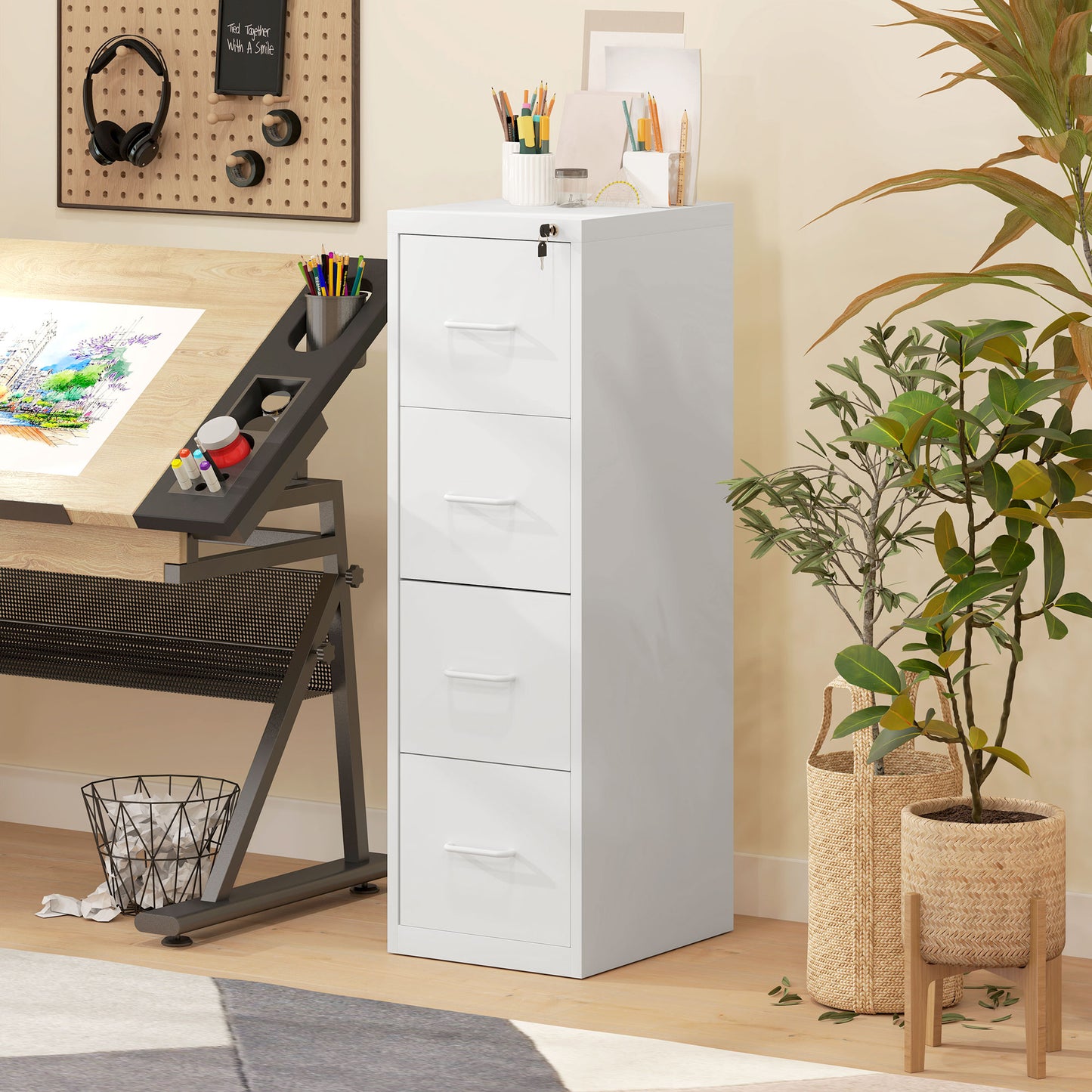 HOMCOM Four-Drawer Modern Steel Filing Cabinet - White