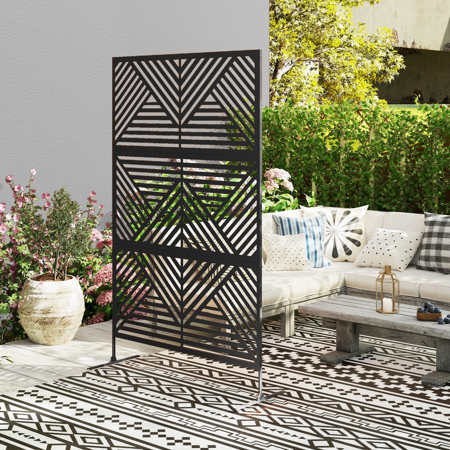 Outsunny Garden Privacy Screen with Stand, 6.5FT Freestanding Metal Divider, Rhombus Style with Screws for Pool/Hot Tub, Black