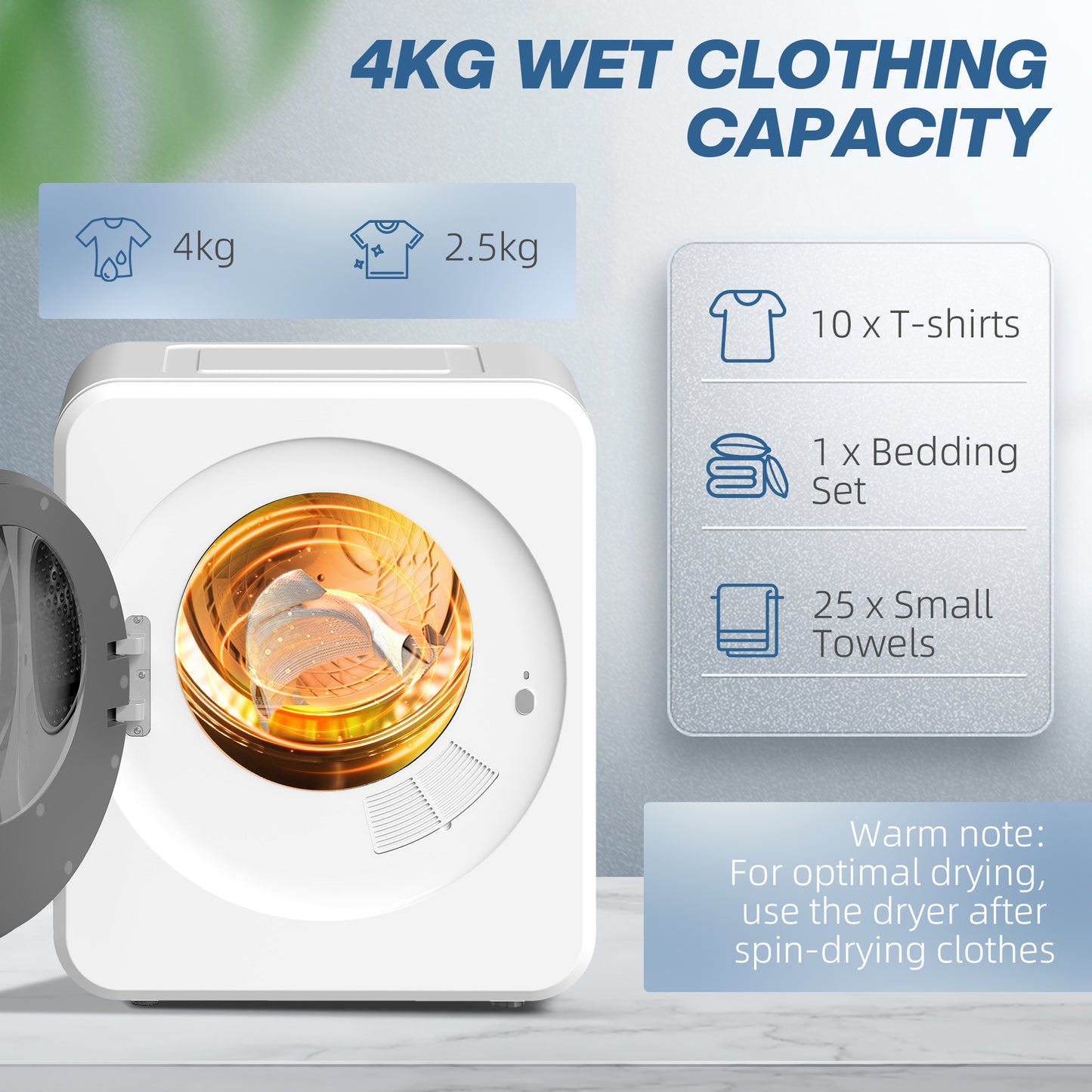 HOMCOM 4kg Vented Tumble Dryer, 800W Compact Freestanding Front Dryer with Stainless Steel Tub, Timer, Wall-Mountable, White