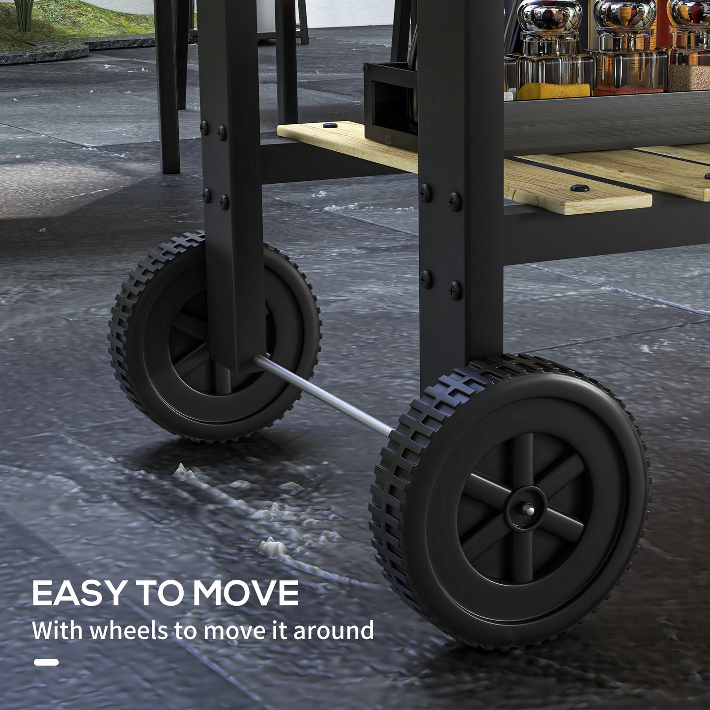 Outsunny Charcoal BBQ Grill, Trolley with Double Adjustable Grill, Side Table, Storage Shelf, Wheels for Outdoor Cooking, Black