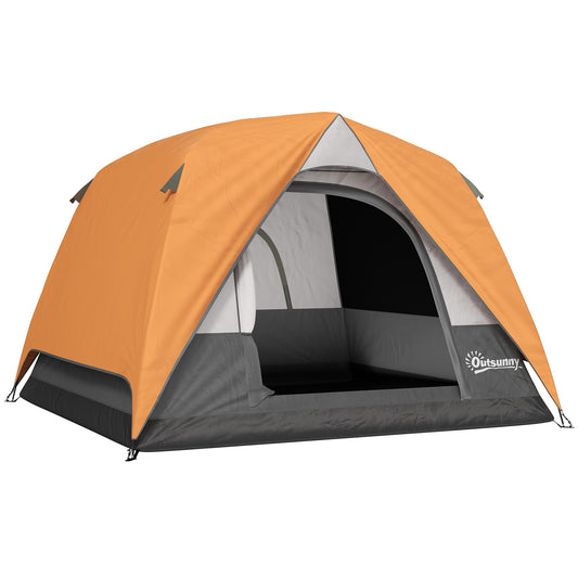 Outsunny 3-4 Person Easy Set Up Dome Tent, Waterproof, with Sewn-in Groundsheet, Mesh Windows, Pocket, Hook for Camping, Hiking, Backpacking, Orange/Grey