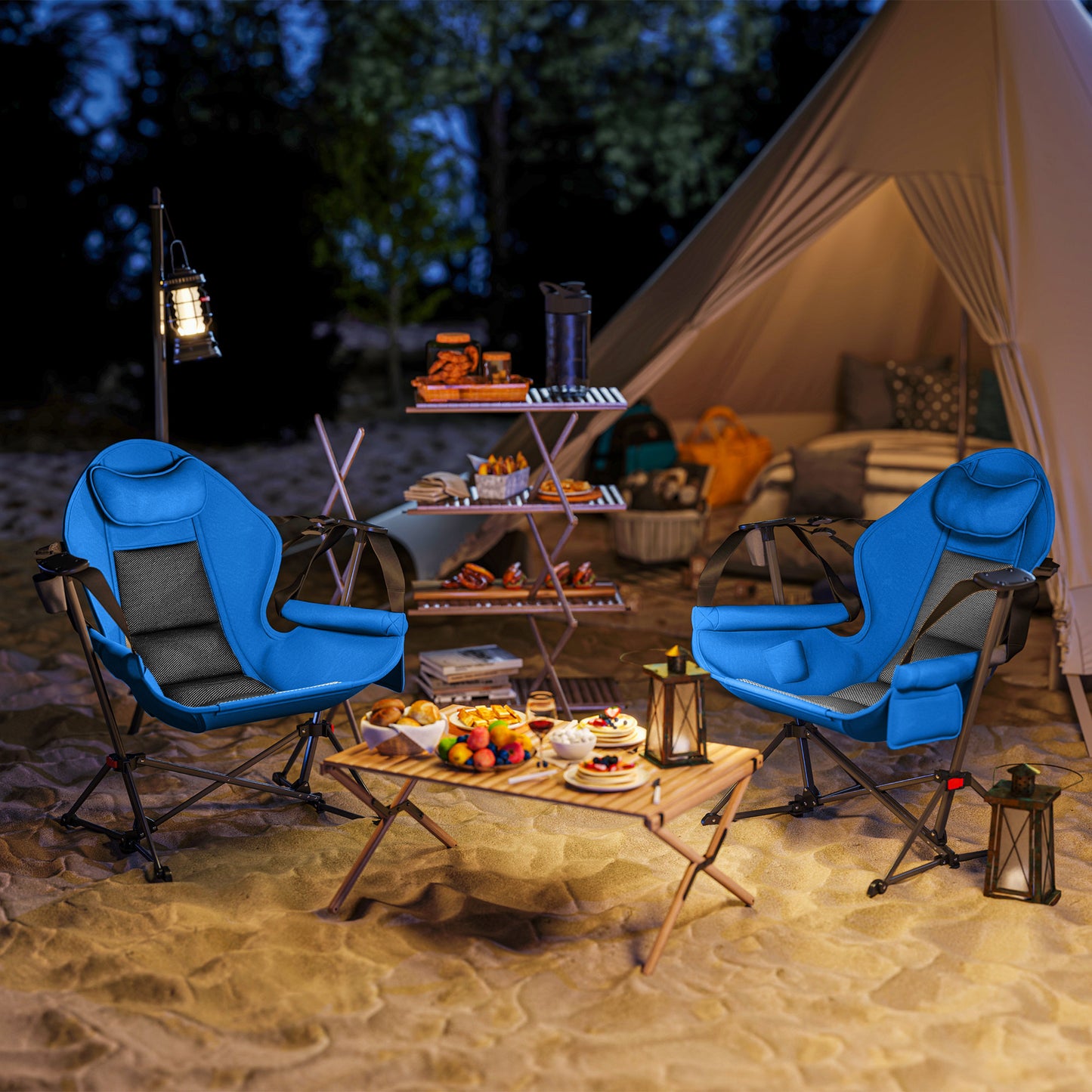 Outsunny Hammock Camping Chair Set of 2, Adjustable Swing Chair with Cup Holder, Headrest & Carry Bag, Blue