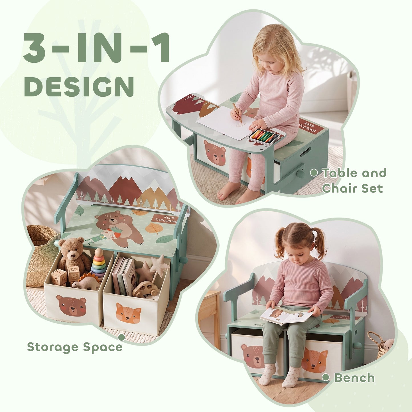 AIYAPLAY Kids Table and Chair Set, 3 in 1 Wooden Toy Box with 2 Fabric Drawers for Bedroom, Playroom, Gift for Boys Girls, Green