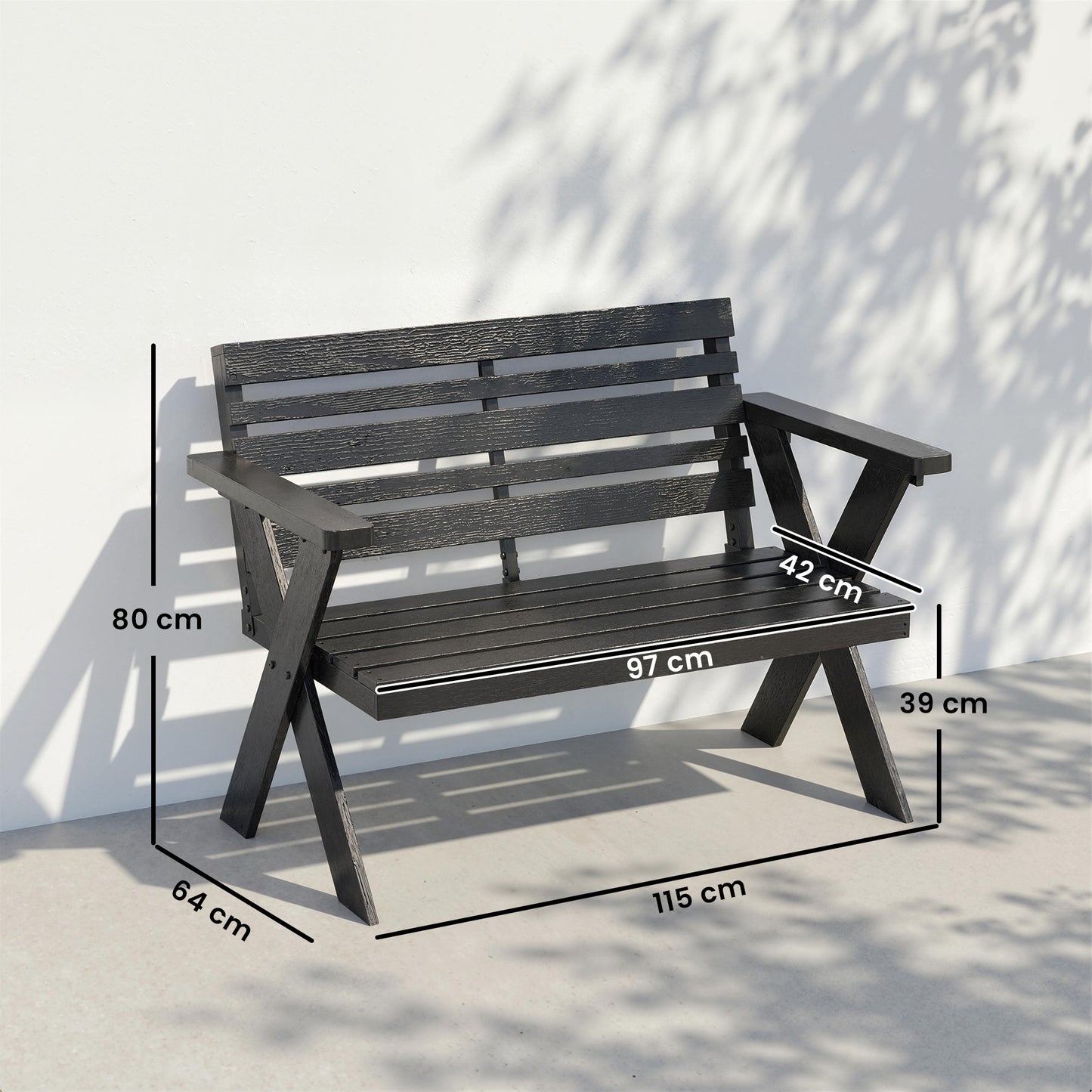 Outsunny 2 Seater Wooden Garden Bench, Slatted Patio Bench with Armrest and Backrest, Black
