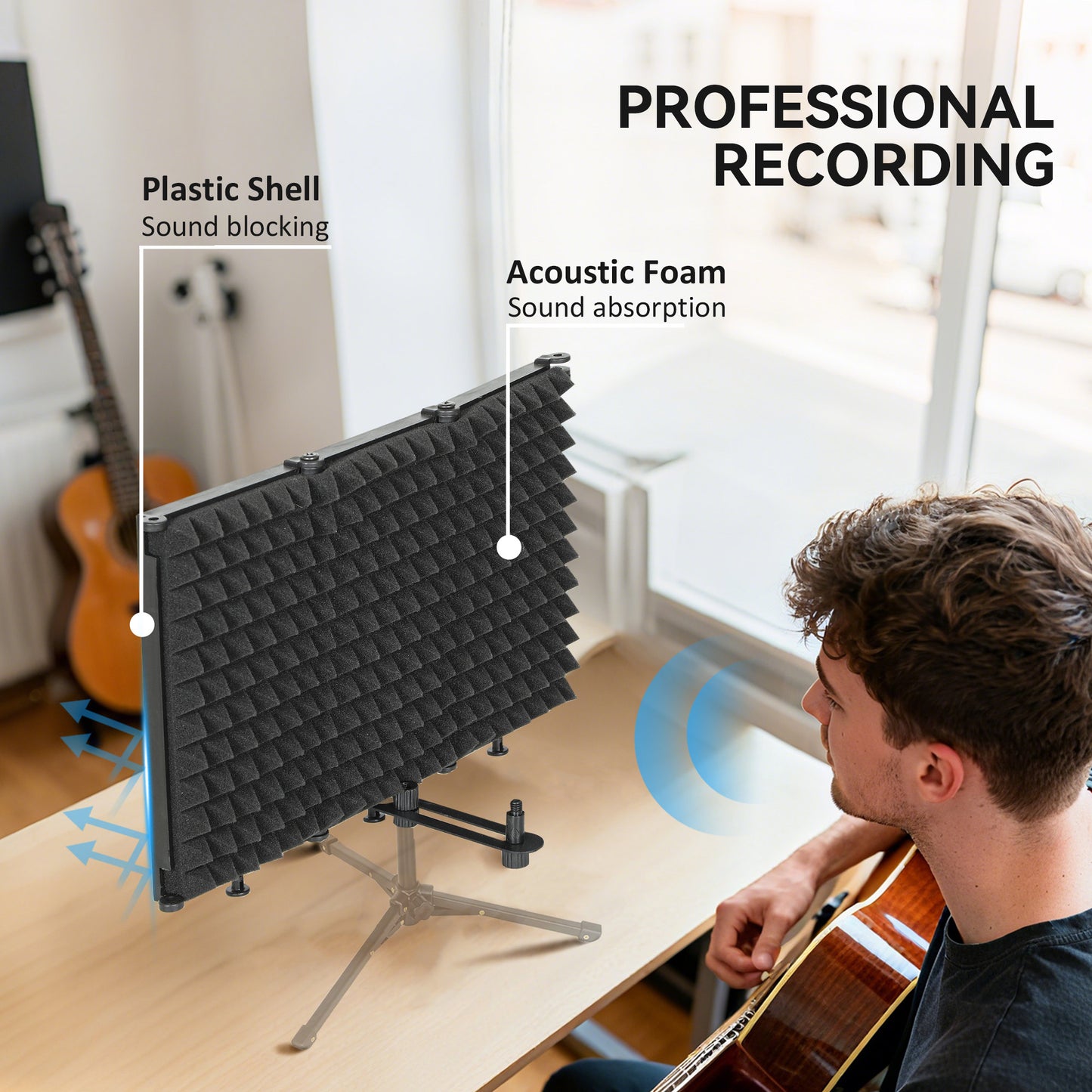 HOMCOM Studio Microphone Isolation Shield, 3-Panel Foldable High Density Foam with 3/8" Threaded Mount, Adjustable Recording Equipment, Black