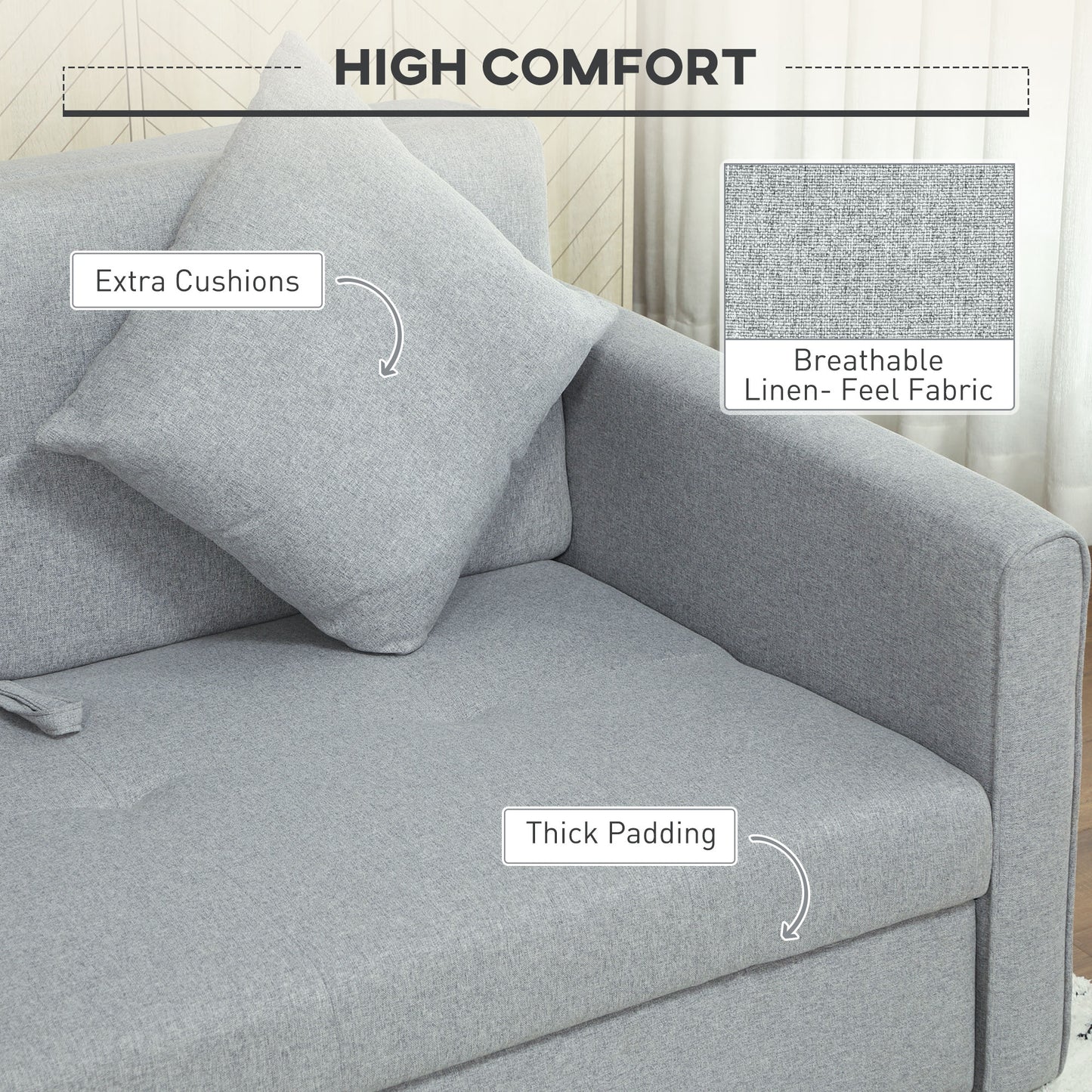 HOMCOM 2 Seater Sofa Bed, Convertible Loveseat with 2 Cushions, Hidden Storage, Modern Fabric for Living or Guest Room, Light Grey