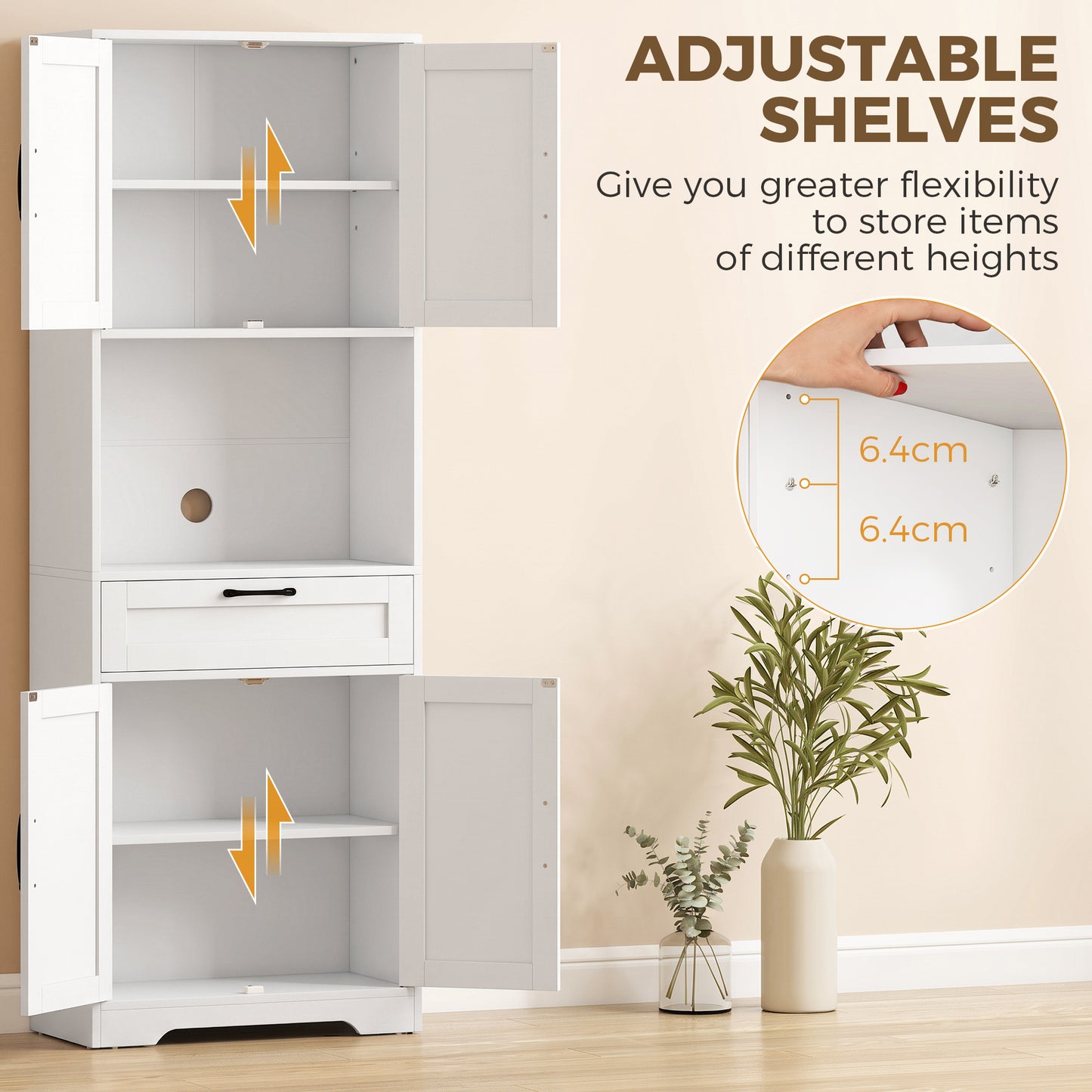 HOMCOM 170 cm Tall Kitchen Pantry with Adjustable Shelves, Freestanding Storage Cabinet with Open Shelf, White Wood Effect