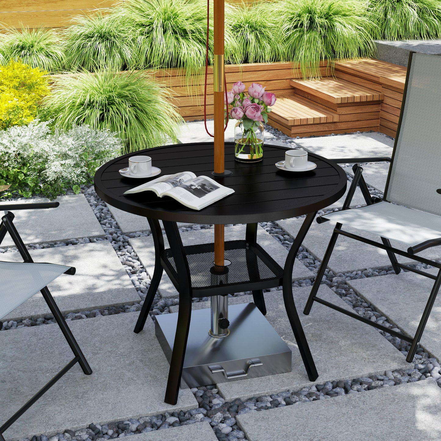 Outsunny 90 cm Round Steel Garden Dining Table with Parasol Hole, Slatted Metal Top, Wire Shelf, Black