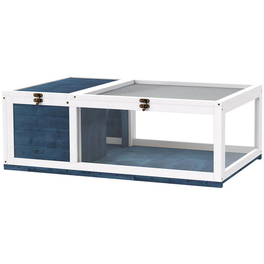 PawHut House enclosure cage habitat for small animals tortoises with 2 spaces 91 x 60.5 x 32 cm solid wood blue