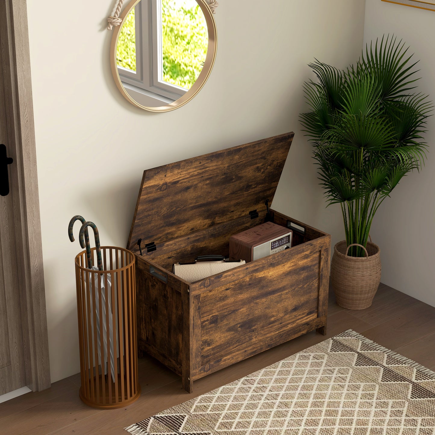 HOMCOM Storage Chest, Modern Wooden Trunk with Safety Hinges & Cut-out Handles, for Living Room/Entryway, 76x40x48 cm, Rustic Brown