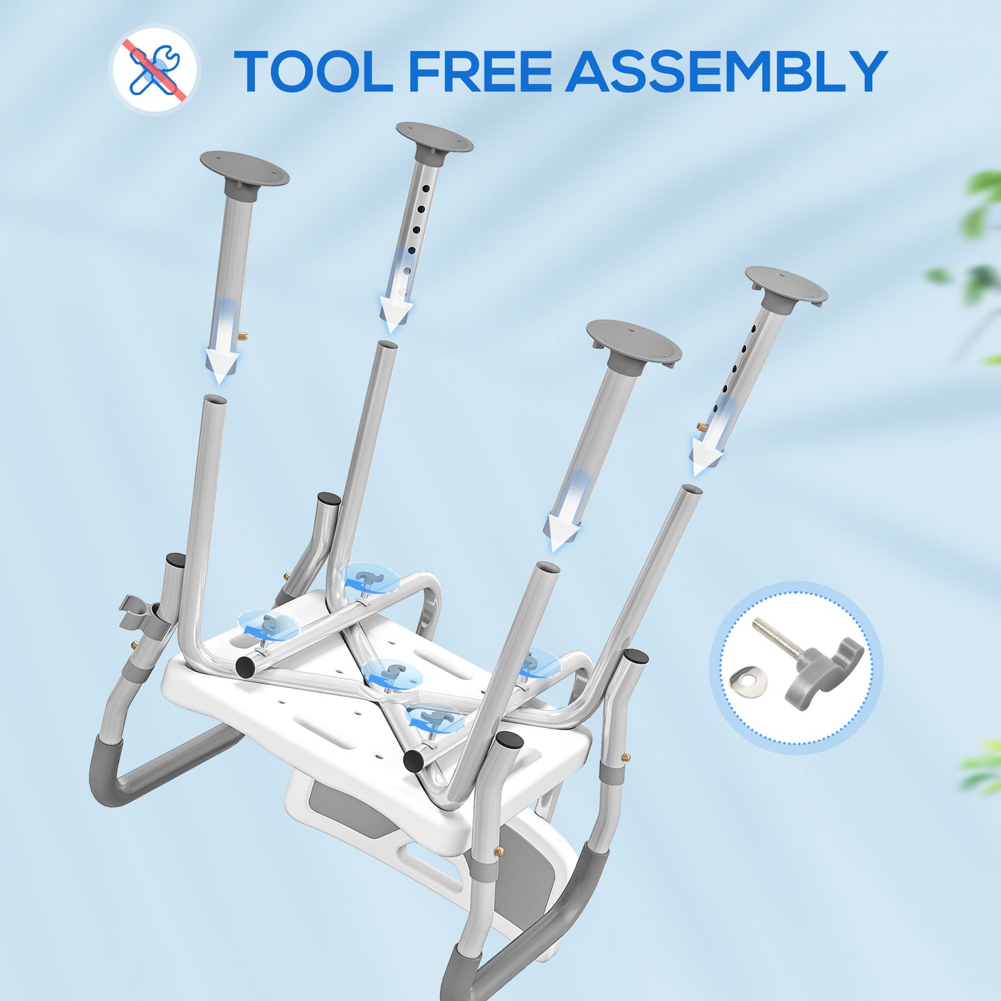 HOMCOM EVA Padded Shower Chair, Height Adjustable with Back & Arms, 4 Suction Foot Pads for Elderly & Disabled, Light Grey