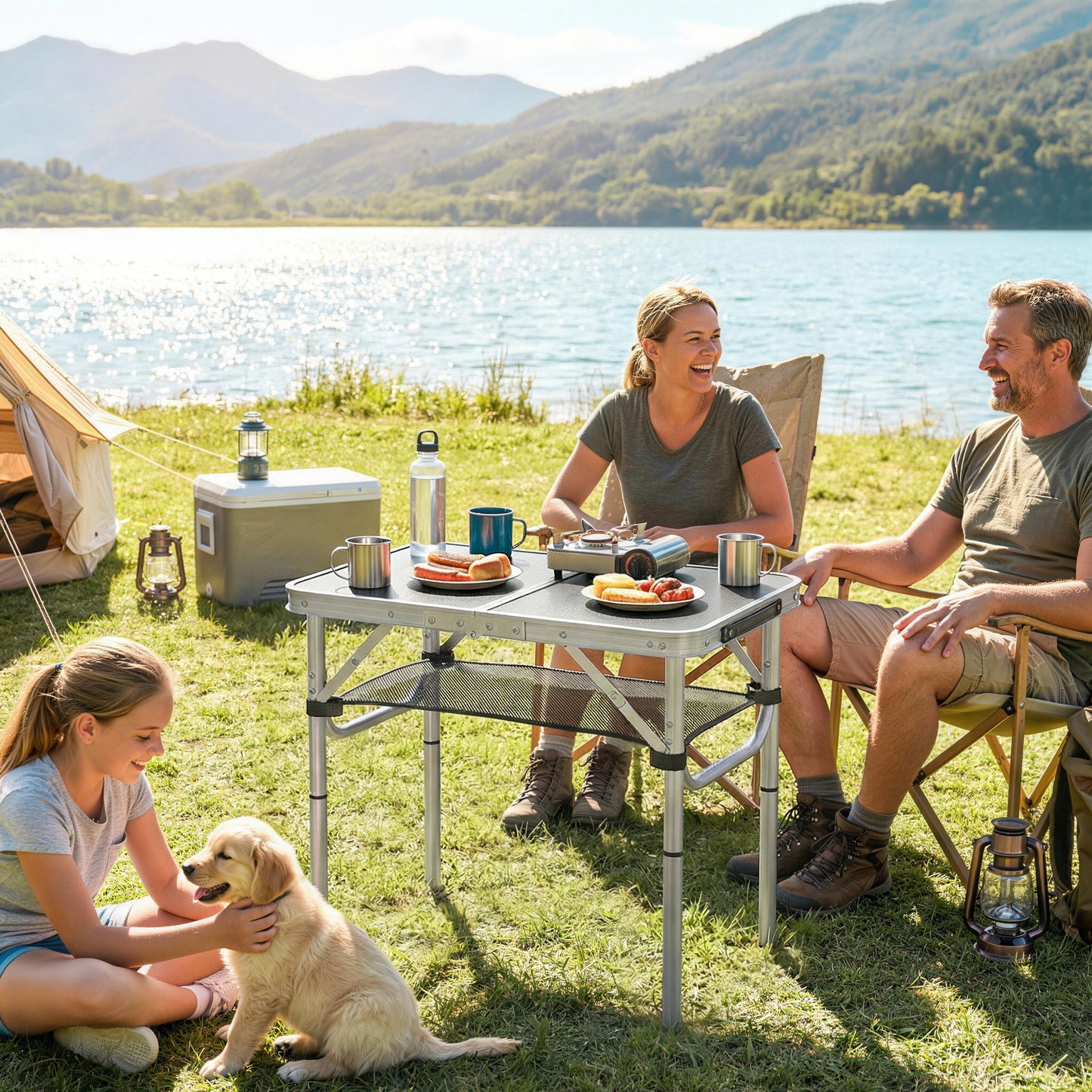 Outsunny 2ft Folding Camping Table, Picnic Table with Mesh Storage Layer, 4 Adjustable Heights and Carrying Handle