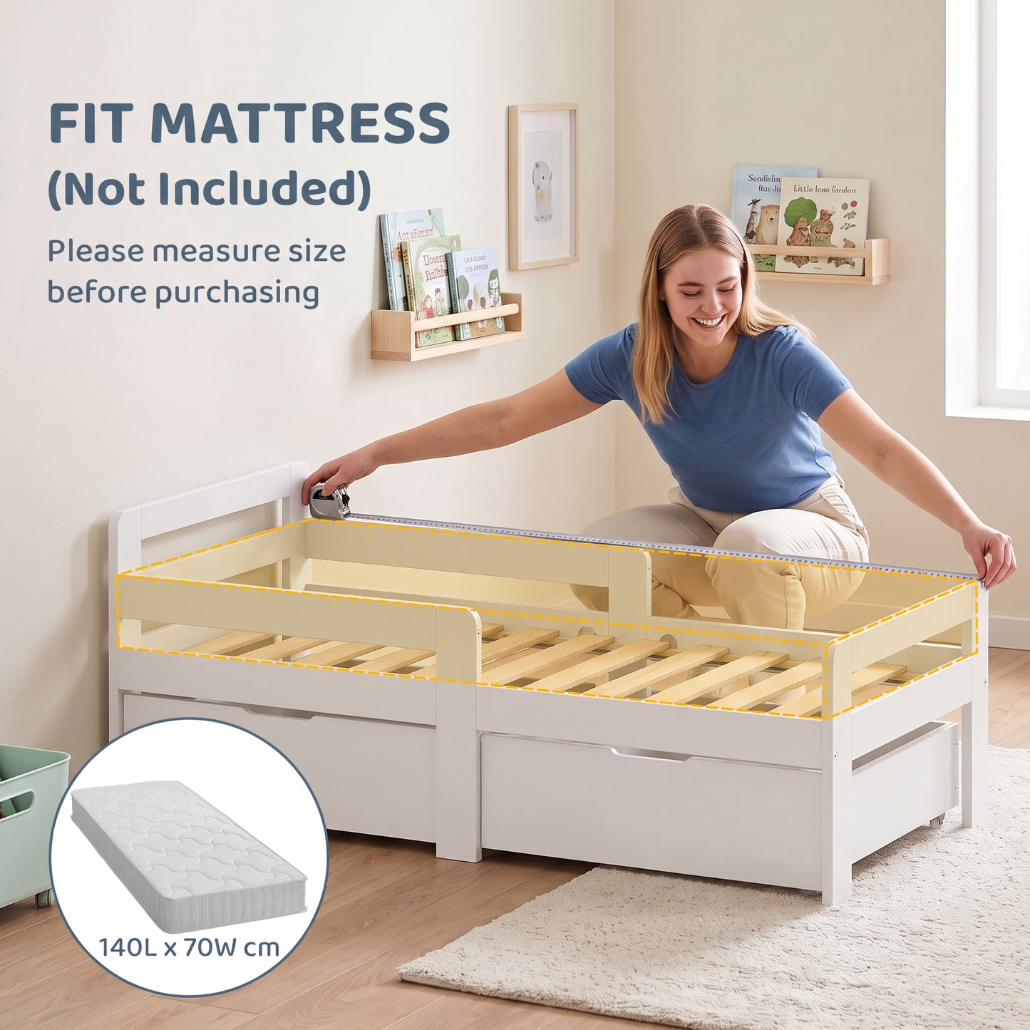 AIYAPLAY Wooden Kids Bed Frame with 2 Storage Drawers and Guard Rails for Ages 4-14, 144 x 76 x 57 cm (No Mattress), White