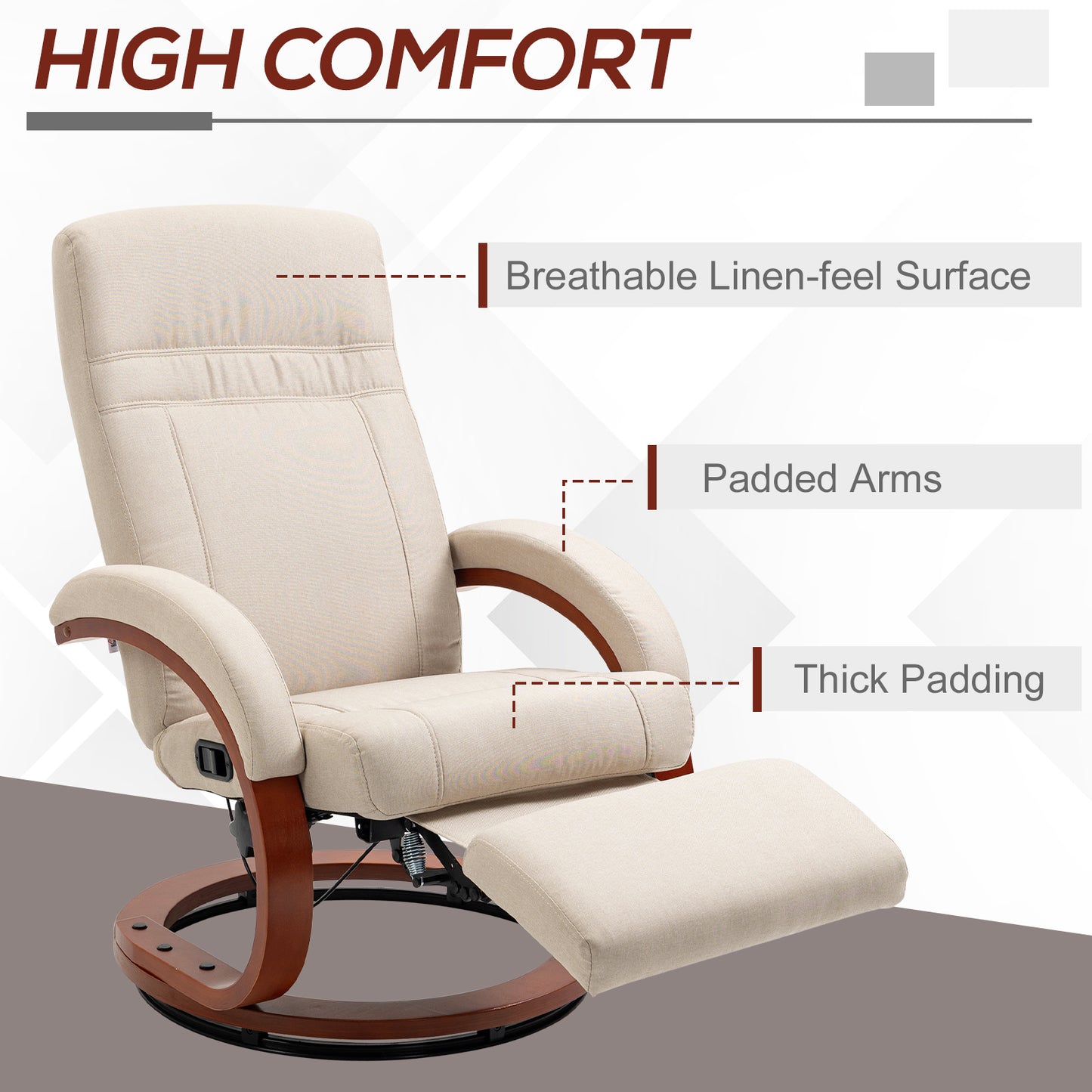 HOMCOM Swivel Recliner Chair with Extended Footrest Manual Reclining Armchair with Wood Base for Living Room Bedroom Beige