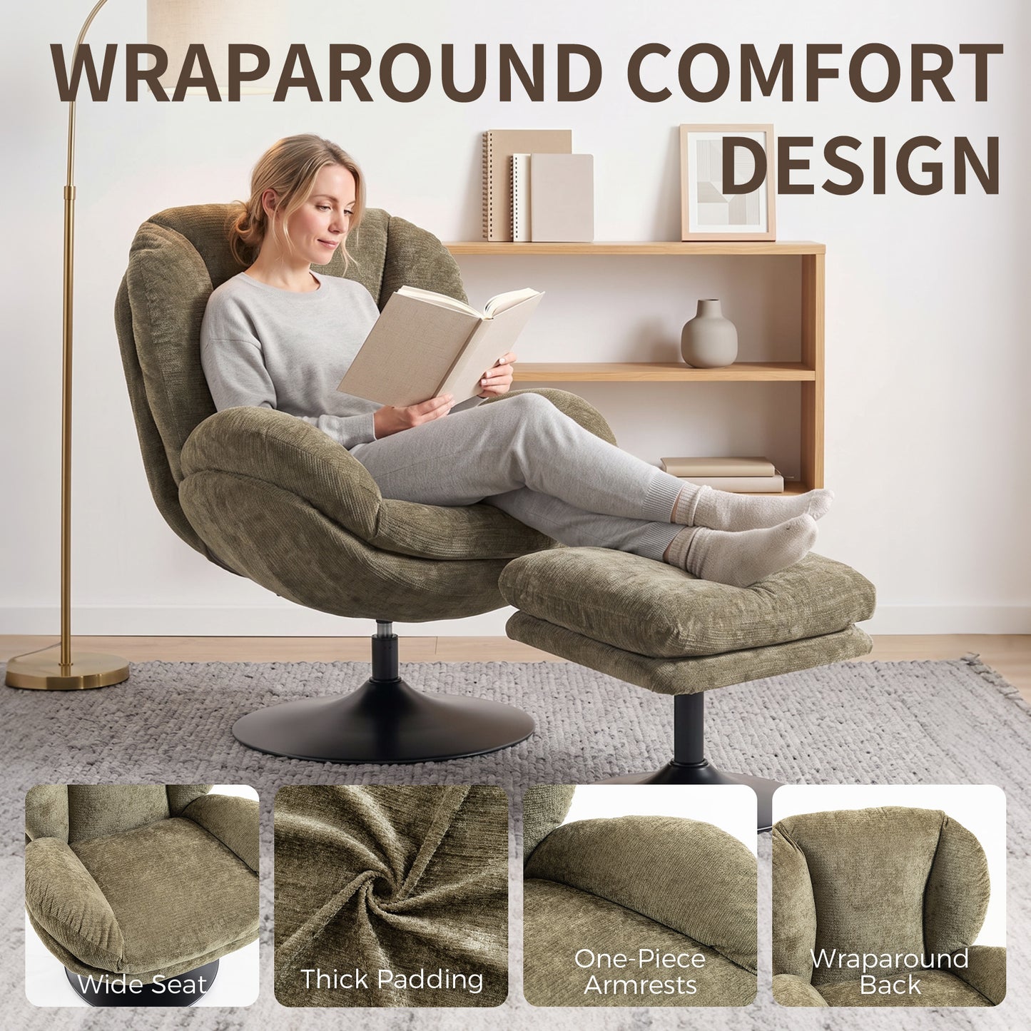 HOMCOM Modern Chenille Lazy Chair with Ottoman, 360° Swivel, Upholstered Reading Seat Set for Living Room, Dark Green