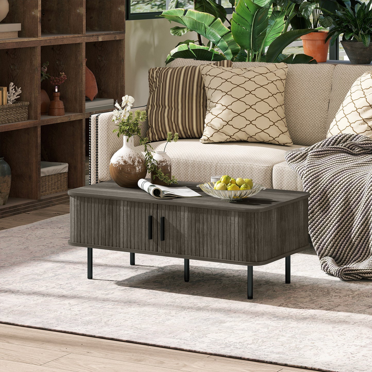 HOMCOM Coffee Table, Storage & Slatted Tambour Sliding Doors, Rectangular with Elevated Base & Foot Pads, Living Room, Grey Wood-Effect
