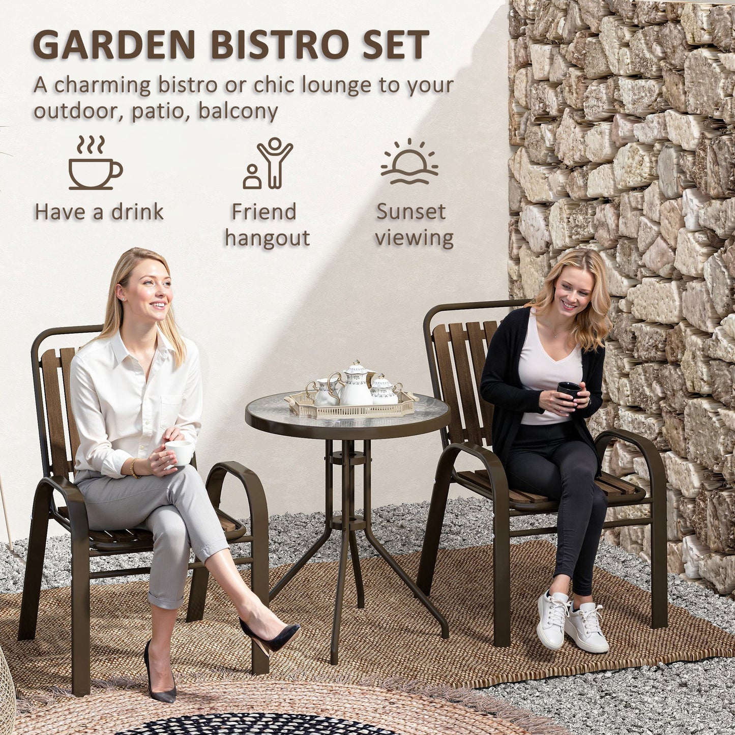 Outsunny 3 Pieces Patio Bistro Set with Stackable Chairs, Tempered Glass Table, for Outdoor, Balcony, Patio, Garden, Dark Brown
