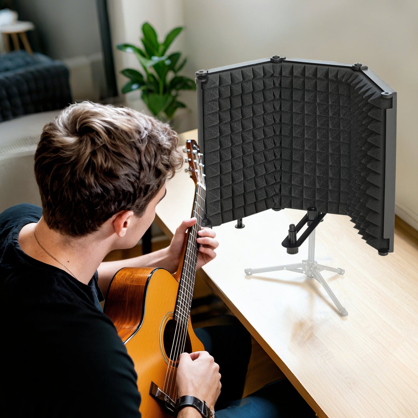HOMCOM Studio Microphone Isolation Shield, 3-Panel Foldable High Density Foam with 3/8" Threaded Mount, Adjustable Recording Equipment, Black