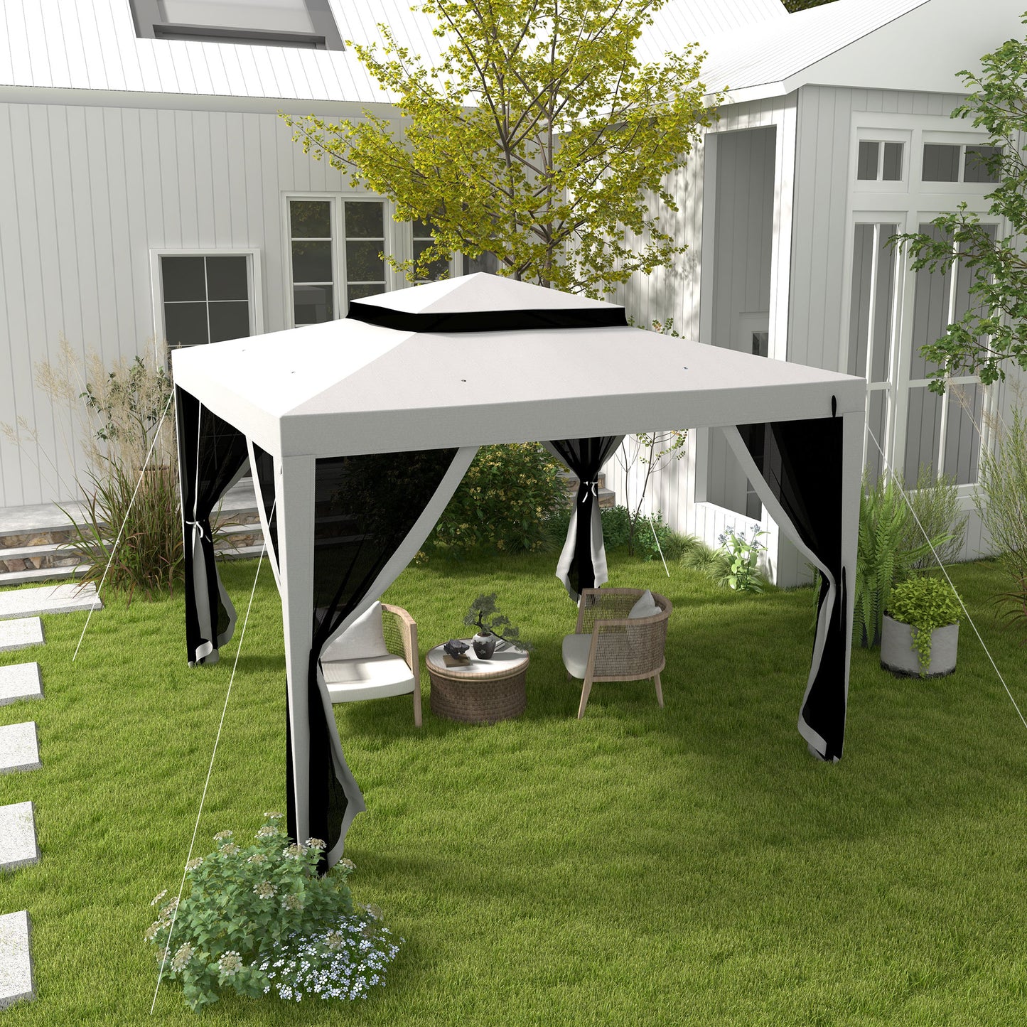 Outsunny 3 x 3 m Gazebo, Netting Party Tent, Patio Canopy Outdoor Event Shelter with Double Tier Roof, Light Grey