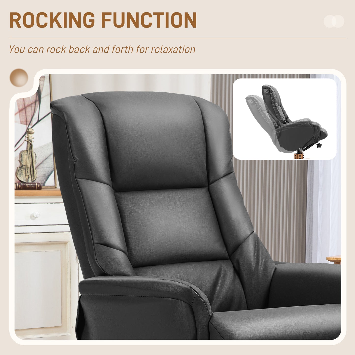 HOMCOM Rocking Recliner Chair with Footstool, PU Leather Armchair, Wood Base, Upholstered for Living Room/Bedroom, Black