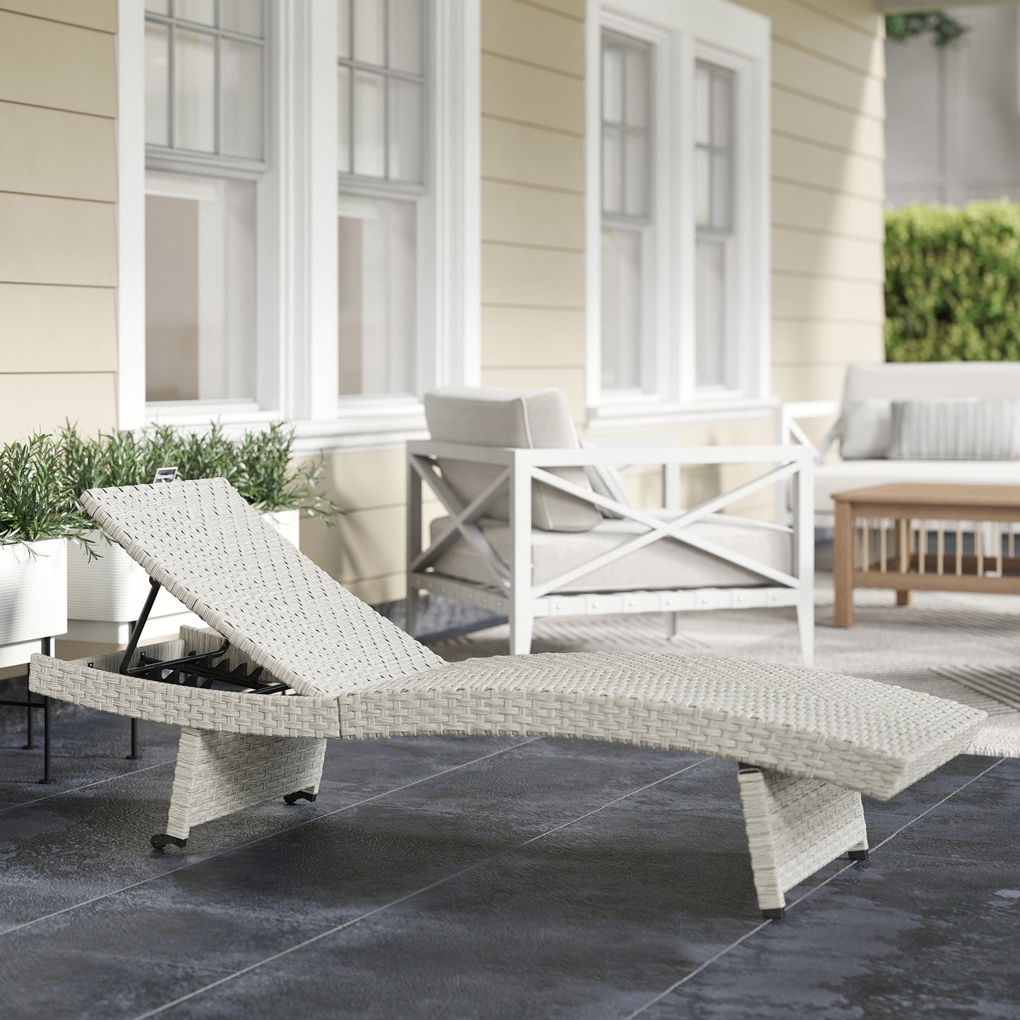 Outsunny Outdoor PE Rattan Folding Sun Lounger with Adjustable Backrest, Wheels & Non-Slip Legs for Balcony/Beach, Grey.