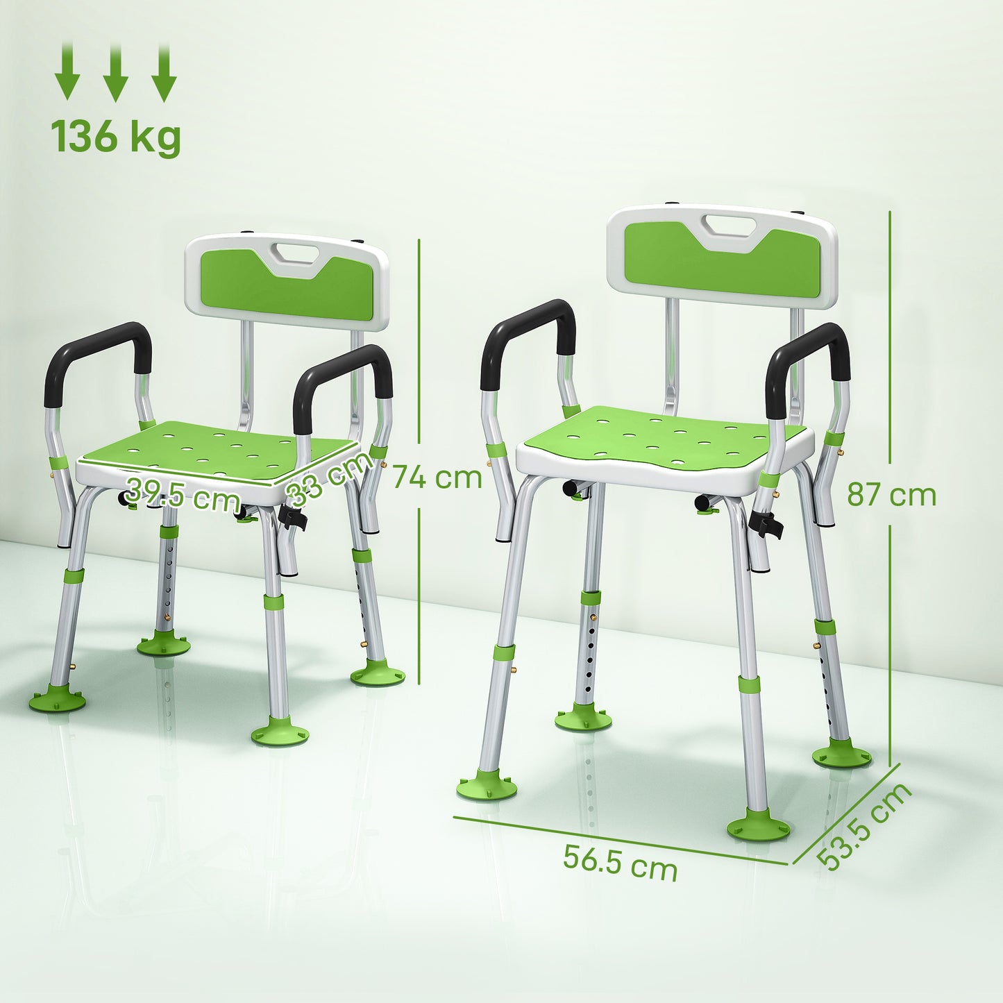 HOMCOM EVA Padded Shower Chair for the Elderly and Disabled, Height Adjustable Shower Stool with Back and Arms, 4 Suction Foot Pads, Green