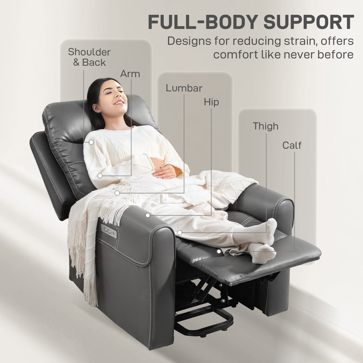 HOMCOM Power Lift Recliner Chair, Overstuffed Faux Leather with USB A+C Ports, Remote Control for Living Room, Charcoal Grey