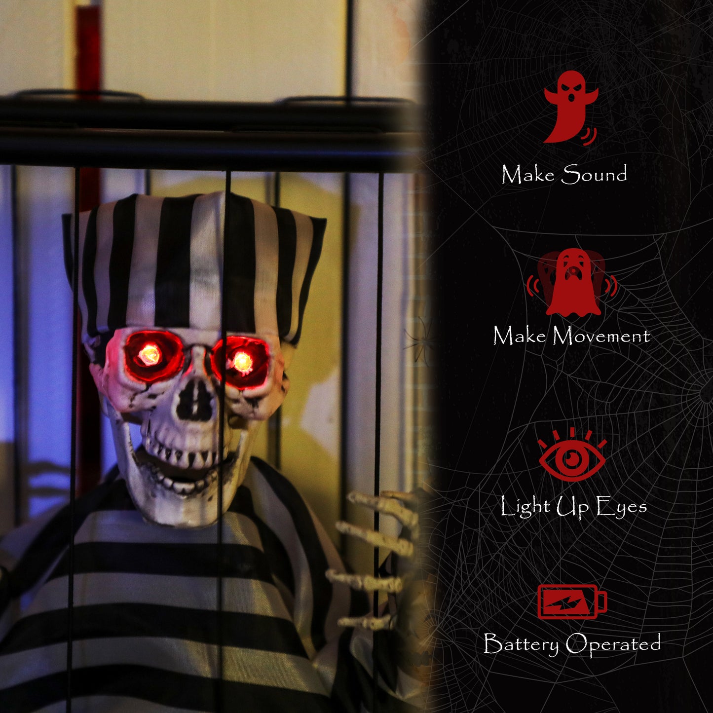 Outsunny Halloween Animated Skeleton Prisoner with LED Eyes, Scary Halloween Decor, Battery Operated Indoor Party Prop, in Cage - Spooky Skeleton