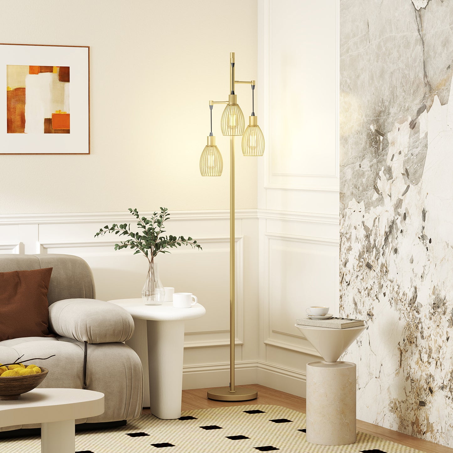 HOMCOM 170.5cm Industrial Dimmable Standing Lamp, 3-Light Floor Lamp with Steel Wire Cage Lampshades, Gold Tone