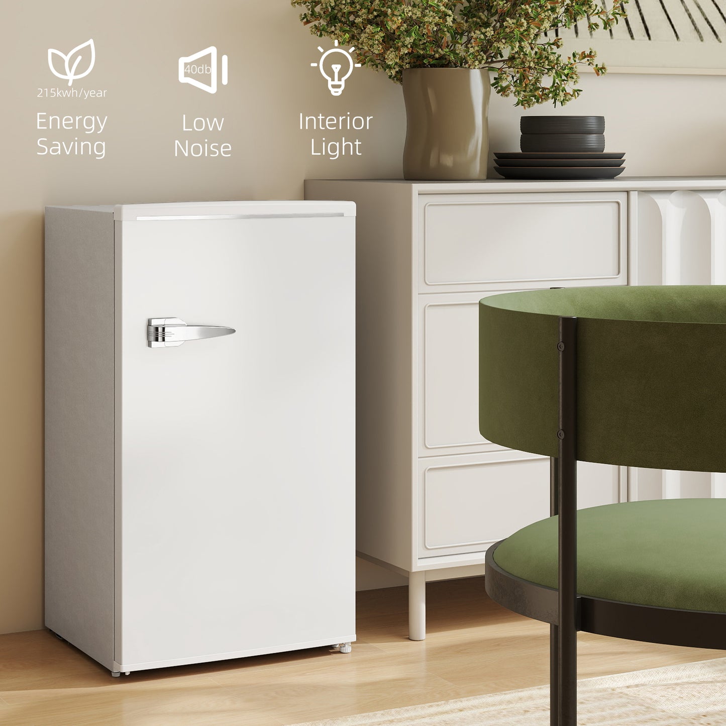 HOMCOM Under Counter Fridge, 85L Small Retro Refrigerator with Chiller Box, Adjustable Thermostat, Glass Shelves, White