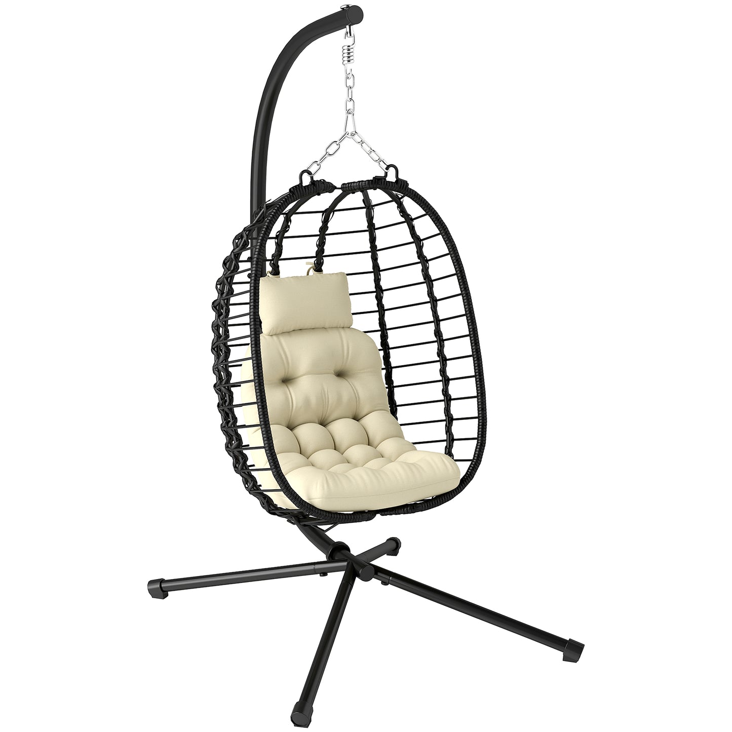 Outsunny Rattan Hanging Egg Chair, Foldable Wicker Swing with Cushion, Stand, Adjustable Height, Pillow, Steel Frame for Garden, Cream White