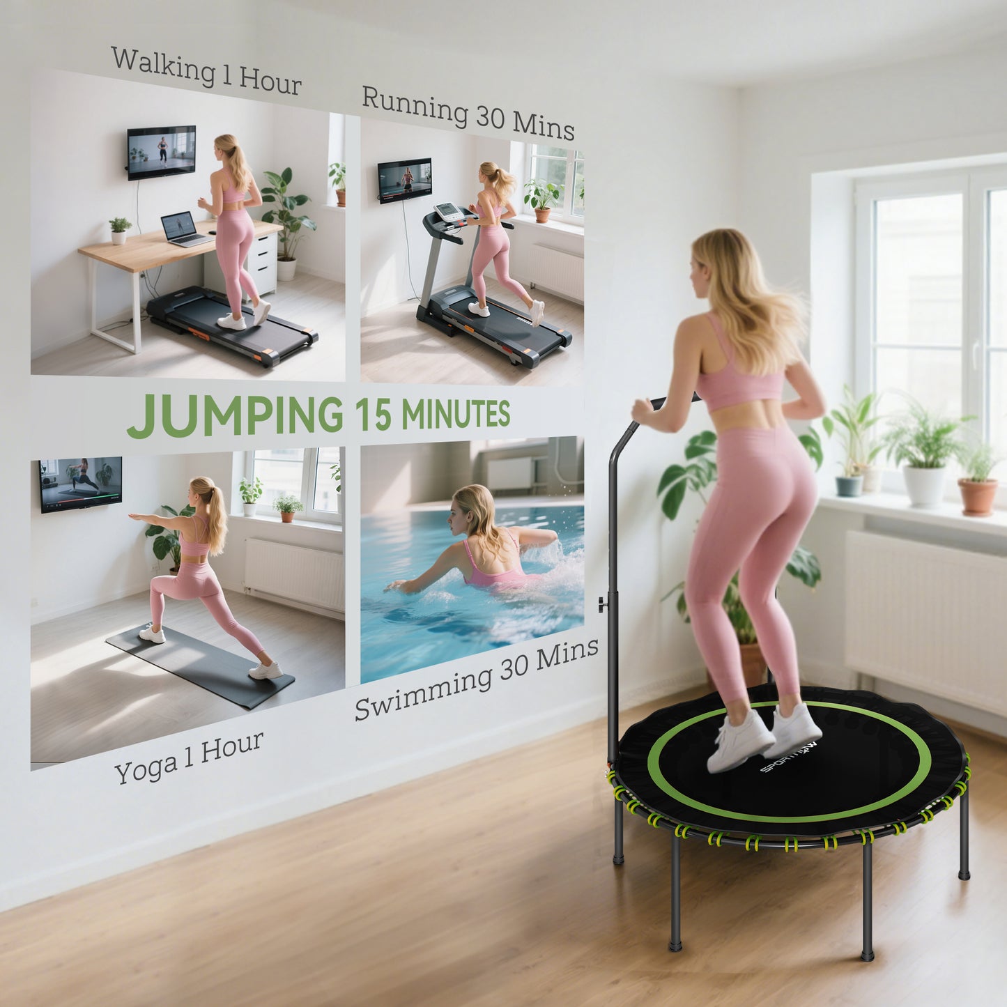 SPORTNOW 40'' Foldable Fitness Trampoline, Mini Rebounder with 5-Level Adjustable Handle for Adults Indoor/Outdoor Exercise, Green