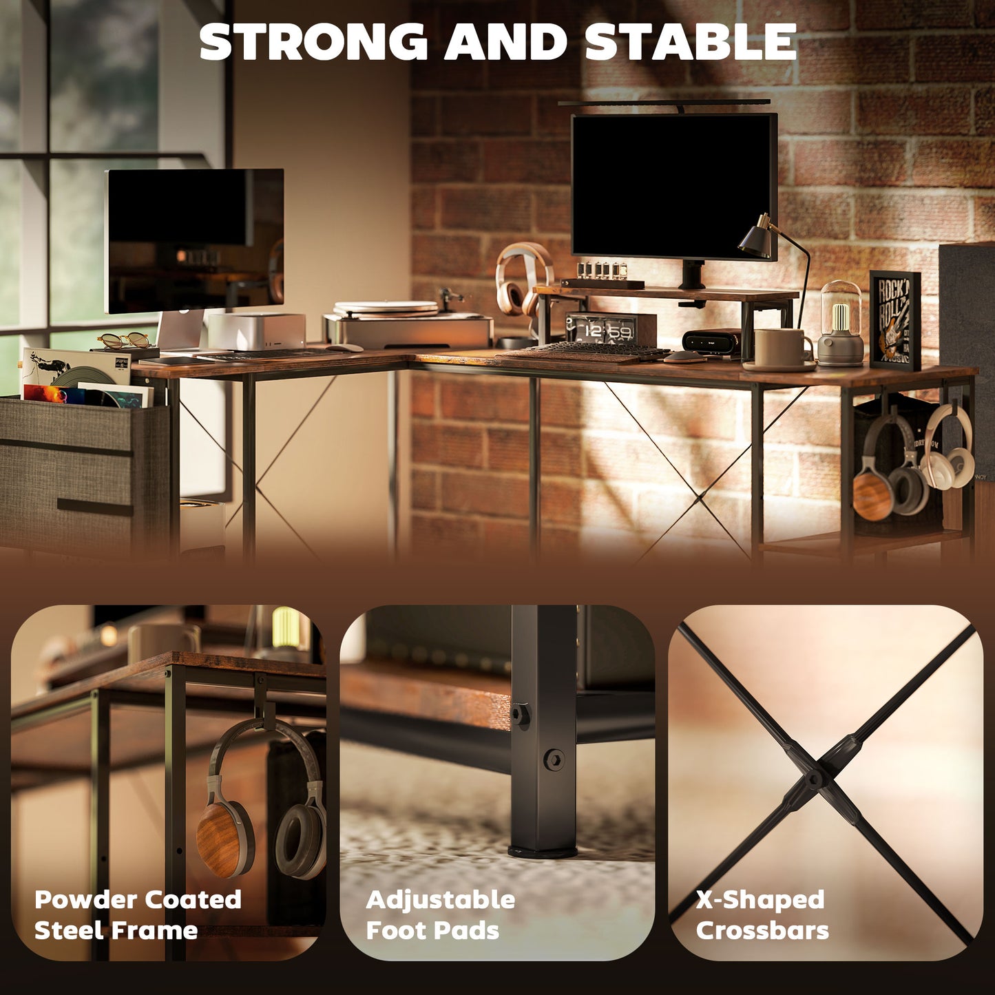 HOMCOM 168cm Reversible L-Shaped Desk, Corner Computer Desk with Shelf & Storage Bag, Rustic Brown