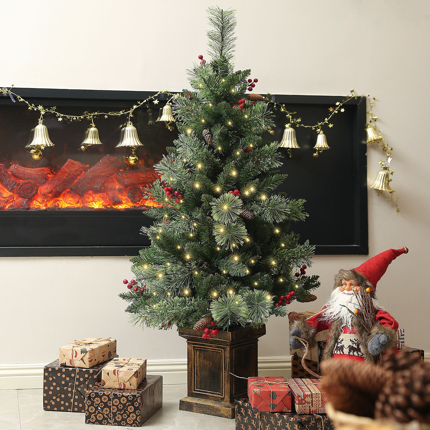 HOMCOM 1.2m/4ft Artificial Christmas Tree with 100 Warm White LED Lights Green