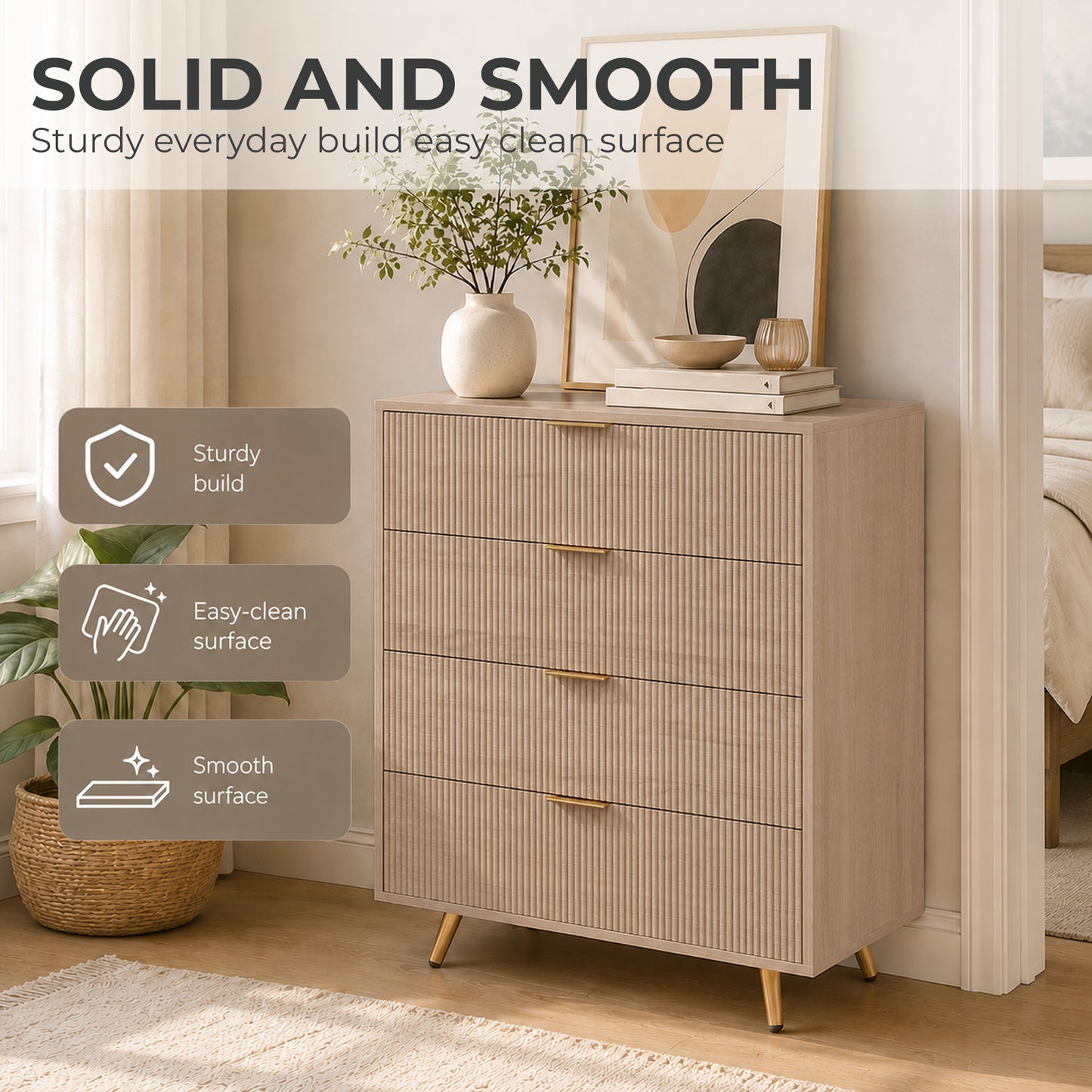 HOMCOM Bedroom Chest of Drawers with 4 Drawers, Fluted Dresser with Gold Tone Handles, Storage Cabinet, Natural