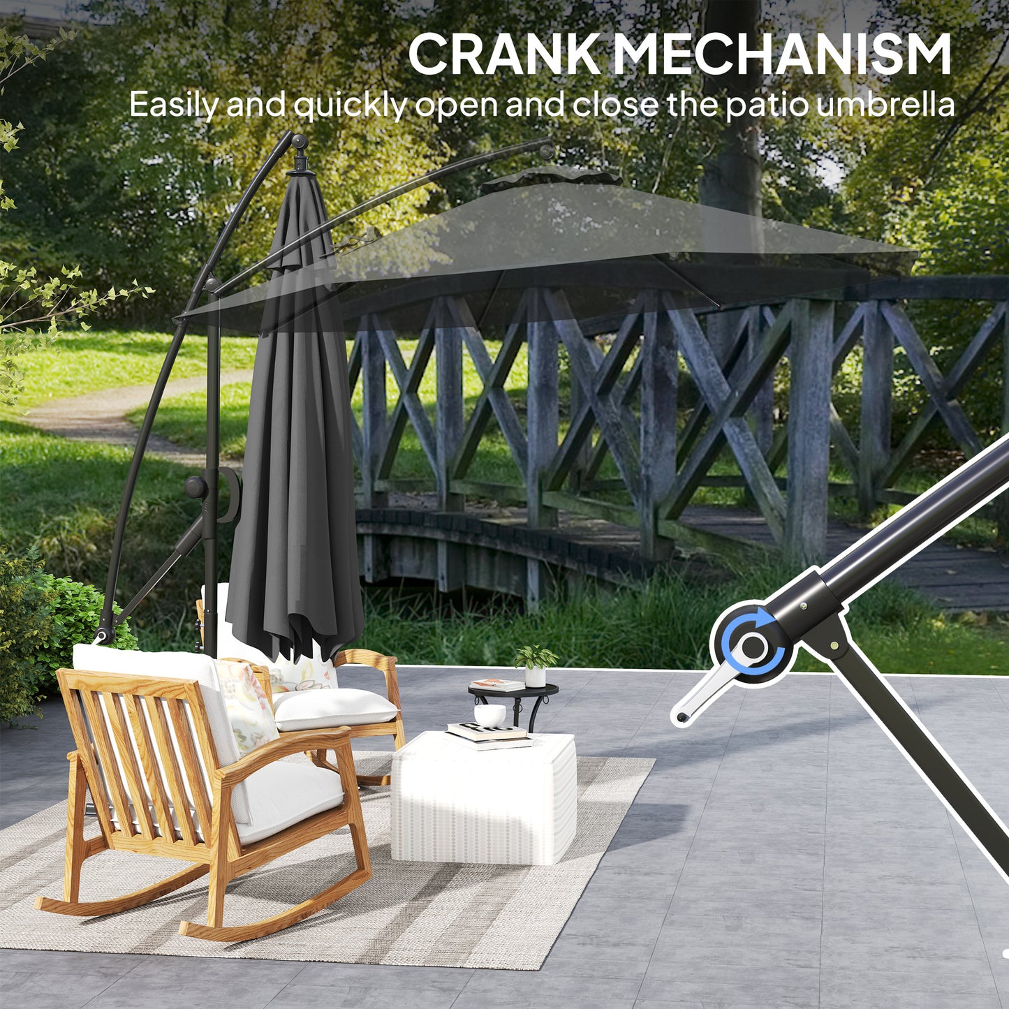 Outsunny Garden Cantilever Parasol with Cover, Wind Protection Strap, Crank Handle, Tilt, UPF50+, Outdoor Sun Shade, 3m, Grey