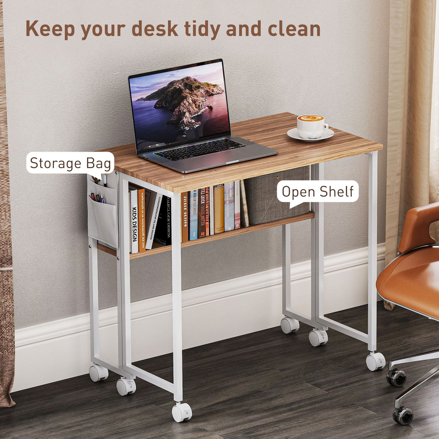 HOMCOM 80 cm Folding Desk with Storage Shelf and Drop Leaf on Wheels - Natural Wood Finish