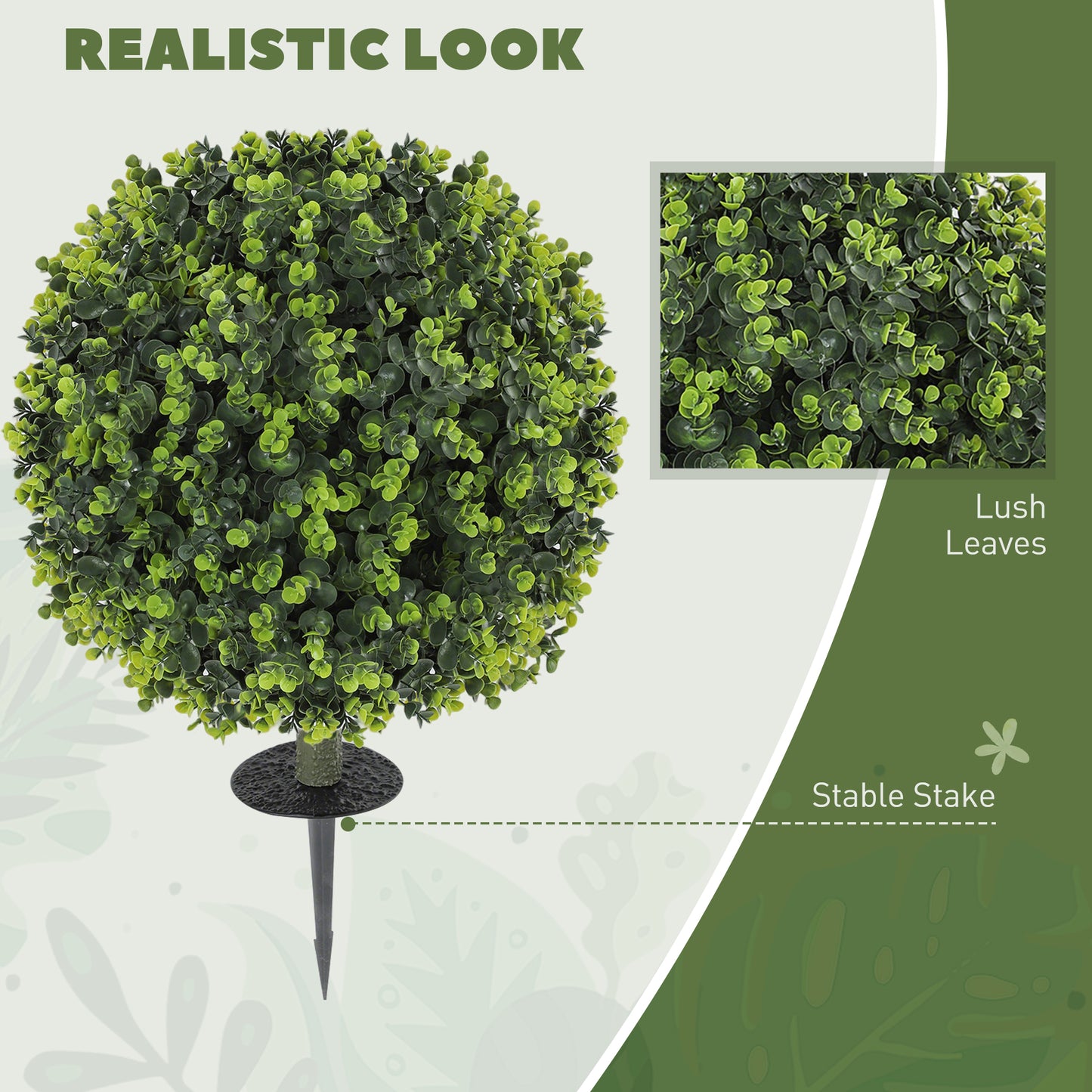 HOMCOM Set of 2 40 cm Artificial Boxwood Topiary Ball Bush with Ground Stake, UV Resistant Faux Plants for Indoor/Outdoor Garden, Green