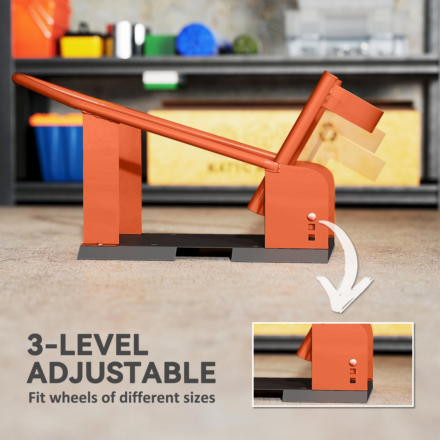 HOMCOM Motorcycle Wheel Chock, 816.5 kg Capacity, Heavy Duty Steel, 3 Height Adjustable Holes, Fits 381-533.4 mm Wheels, Orange