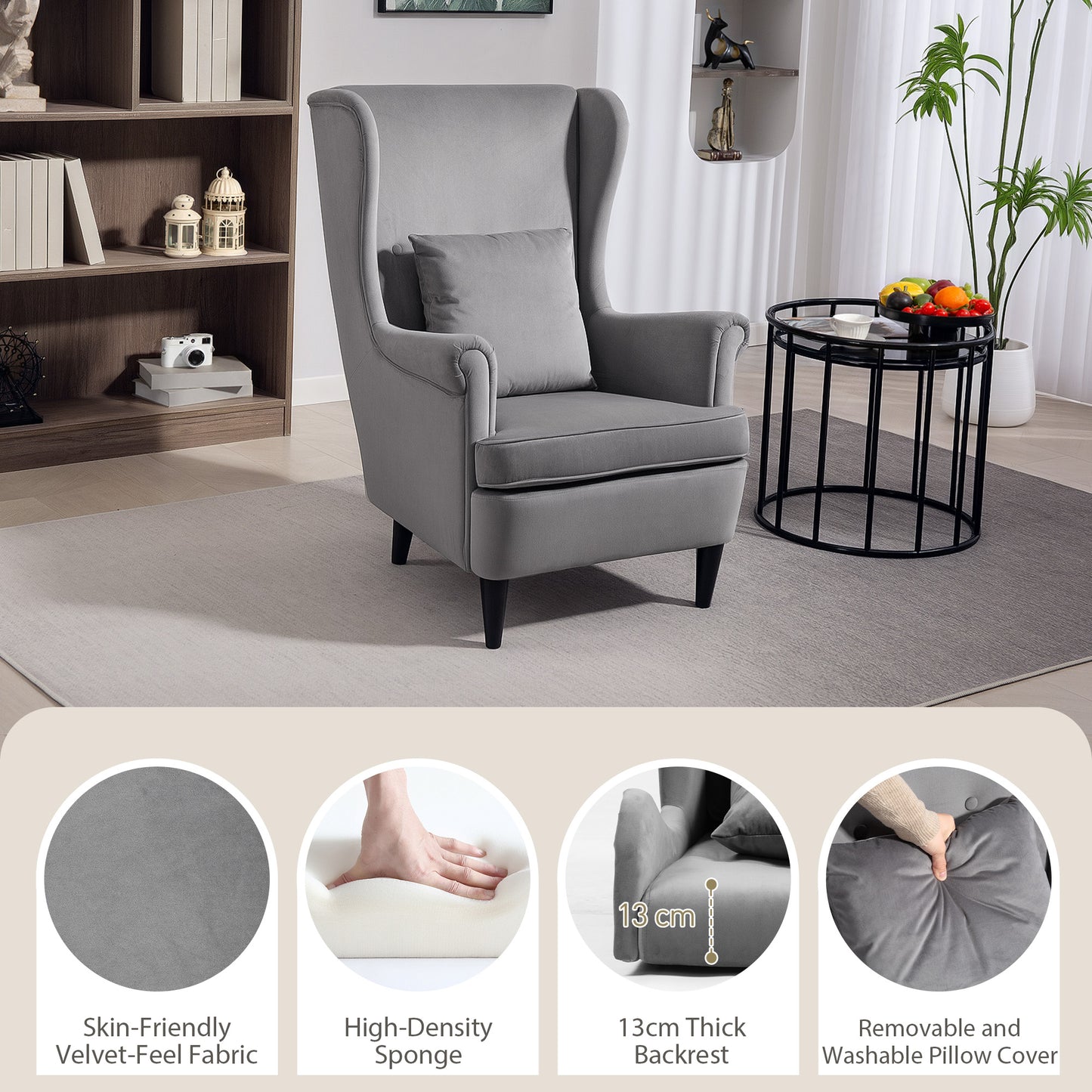 HOMCOM Modern Accent Chair, Upholstered Wingback Armchair, Velvet-Feel Fabric, Solid Wood Legs, Pillow Included, Dark Grey