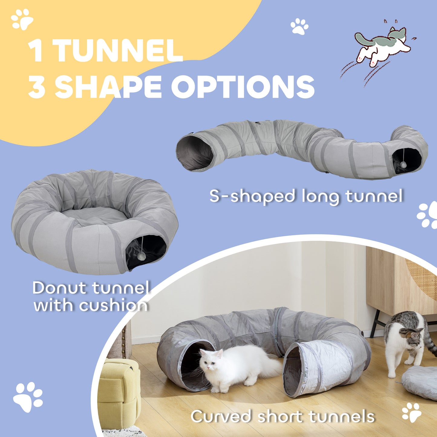 PawHut 2 in 1 Cat Tunnel with Bed, Cat Play Tunnel with Ball & Peek Hole for Indoor Cats, Grey