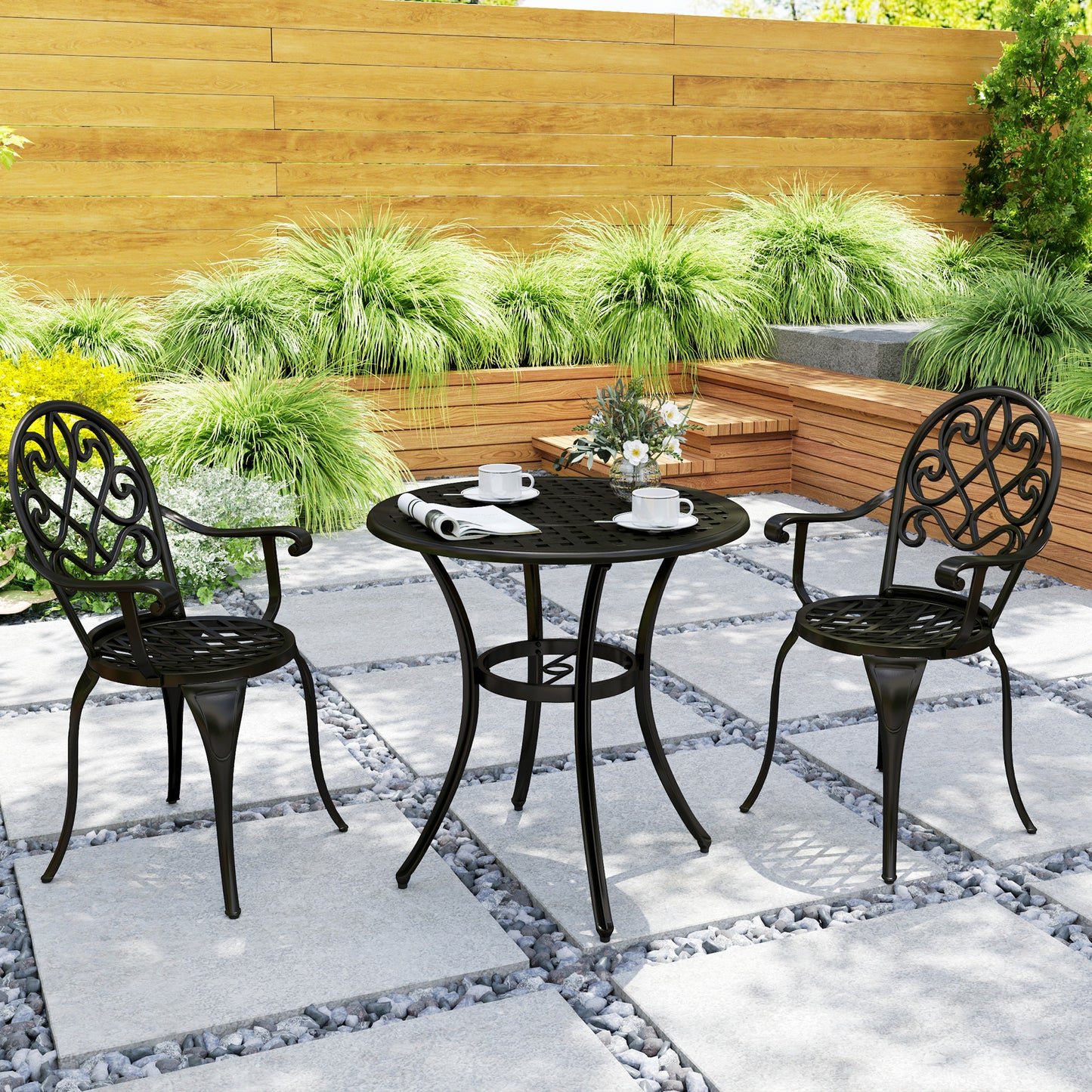 Outsunny 3 Piece Patio Bistro Set for 2, Outdoor Aluminium Garden Table and Chairs with Adjustable Footpads for Balcony, Garden and Patio, Black