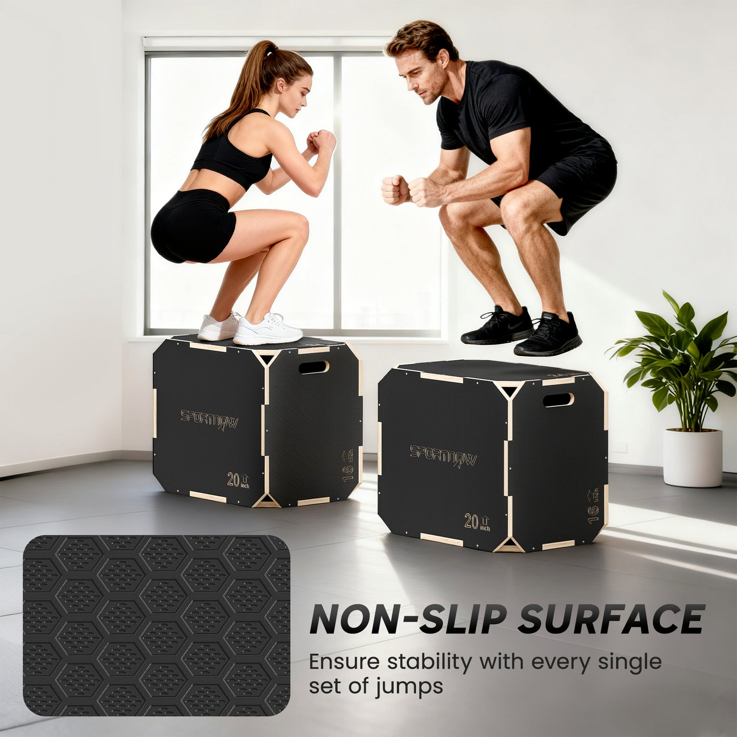 SPORTNOW 3 in 1 Wooden Plyo Box, Corner-free Non-Slip Jump Box with Handles for Home Gym and Outdoor Workouts, 24" x 20" x 16".