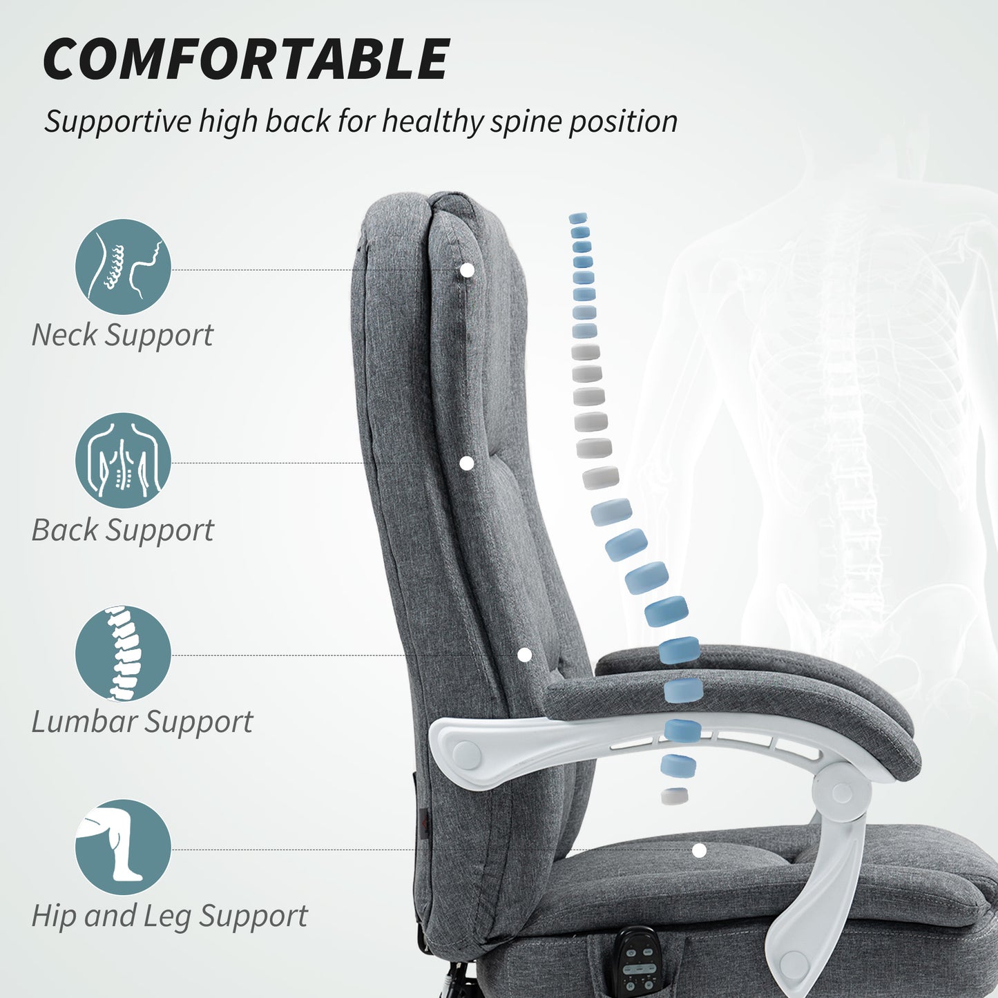 HOMCOM Executive Office Chair with 8-point Massage & Heat, Reclining Backrest, Height Adjustable, Swivel Wheels, Footrest, Remote, Grey
