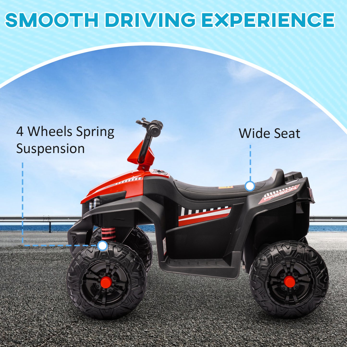 AIYAPLAY 12V Kids Electric Quad Bike w/ Spring Suspension System, Forward, Backward, LED Light, Music, MP3, Red