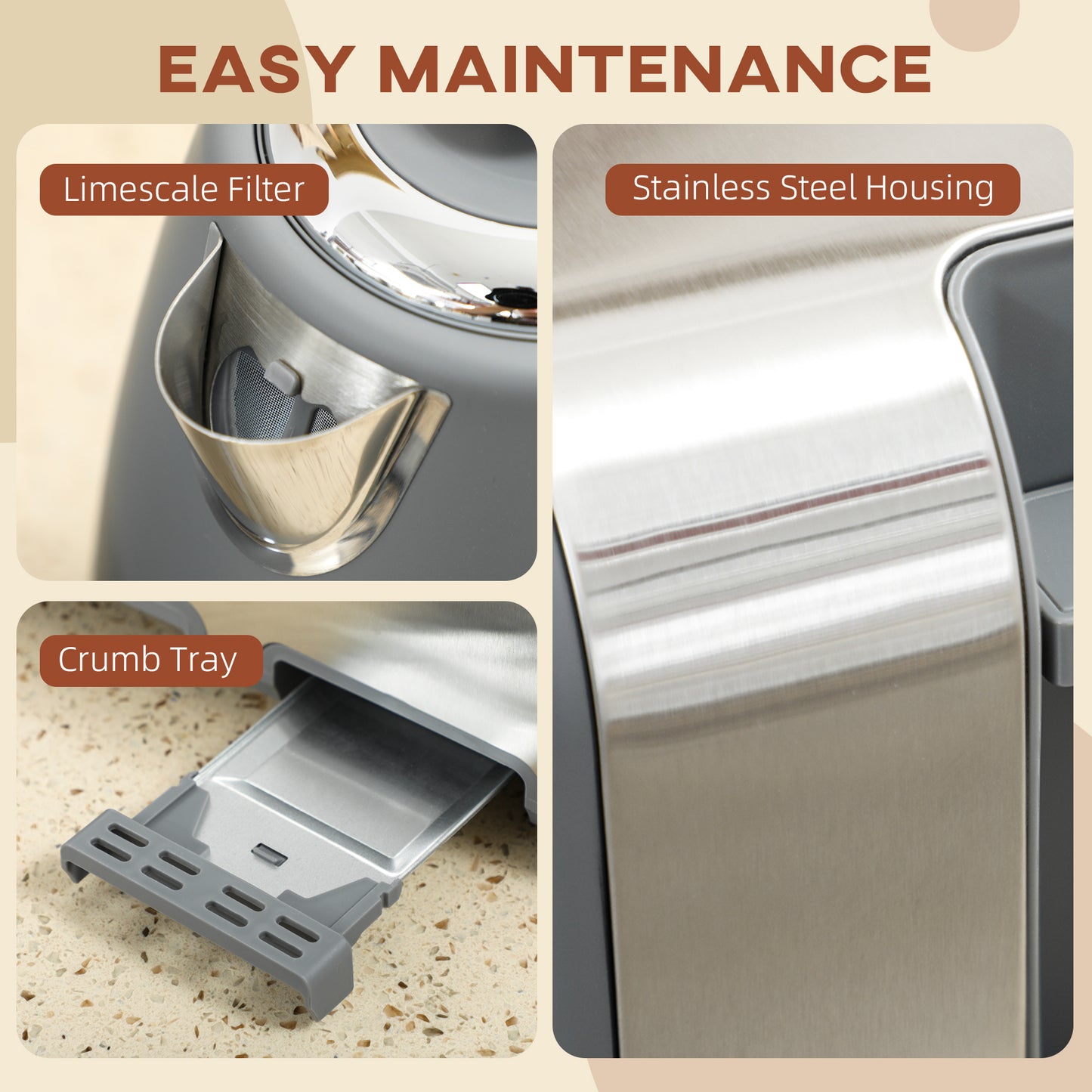 HOMCOM Kettle and Toaster Set, 1.7L 3000W Jug Kettle with Thermostat, Limescale Filter, 4-Slice Toaster with Browning Controls, Grey/Silver Tone