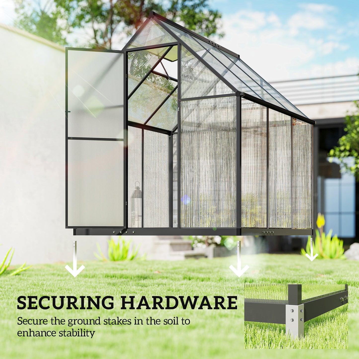 Outsunny Polycarbonate Greenhouse with Swing Door and Adjustable Window, Walk-in Greenhouse with Rain Gutter, 6 x 6.5ft, Black